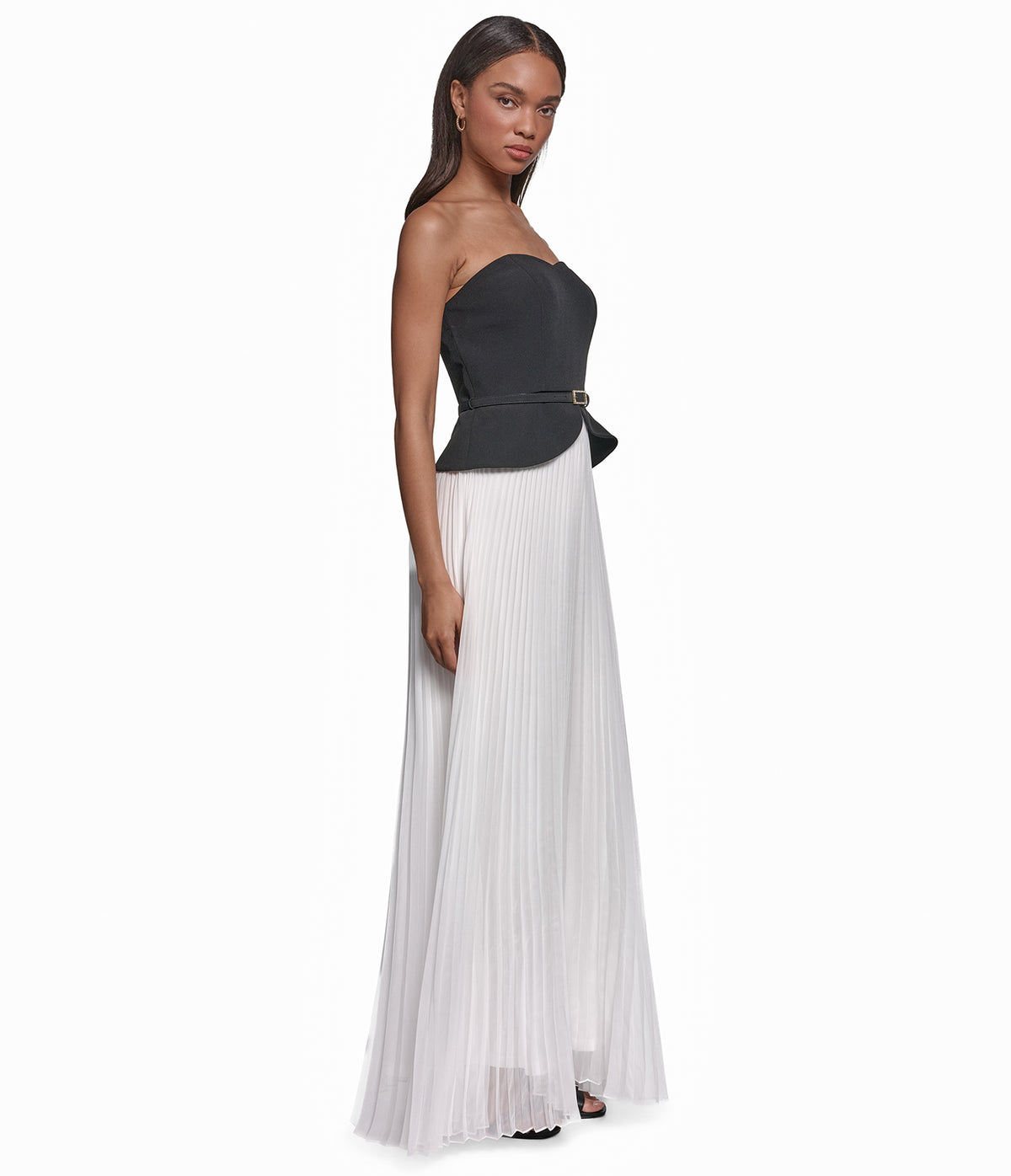 BELTED CREPE BODICE CHIFFON PLEATED GOWN VIEW 4 BELTED CREPE BODICE CHIFFON PLEATED GOWN VIEW 4
