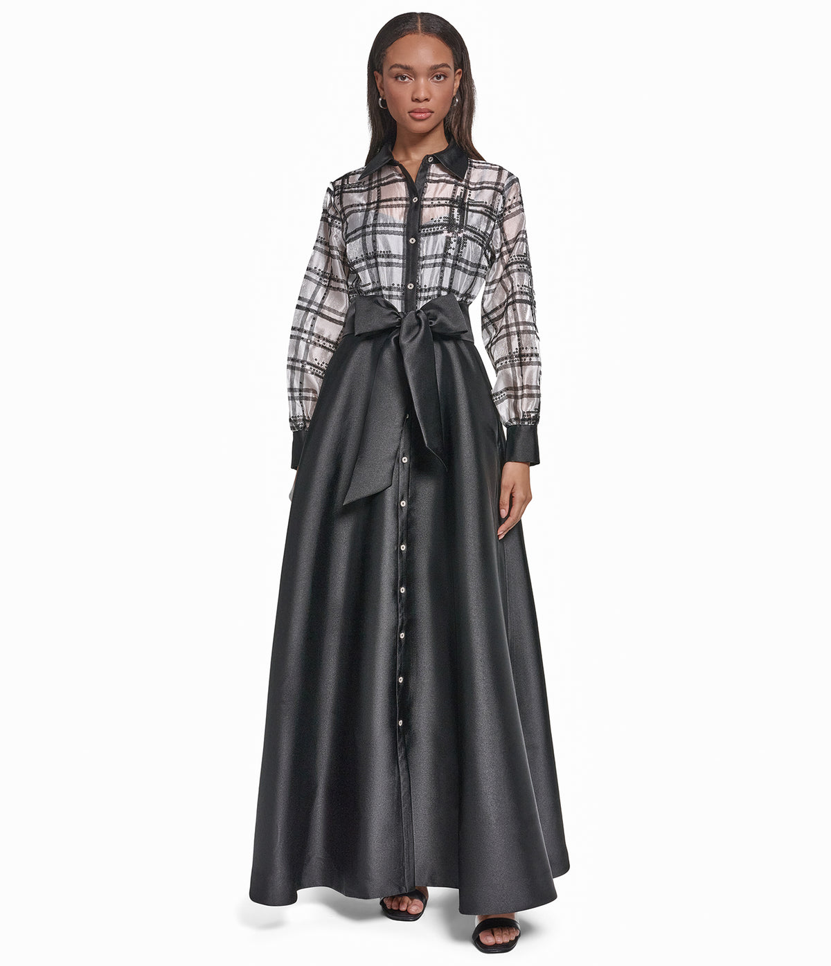PLAID LONG SLEEVE SHIRT DRESS WITH BOW VIEW 1 PLAID LONG SLEEVE SHIRT DRESS WITH BOW VIEW 1