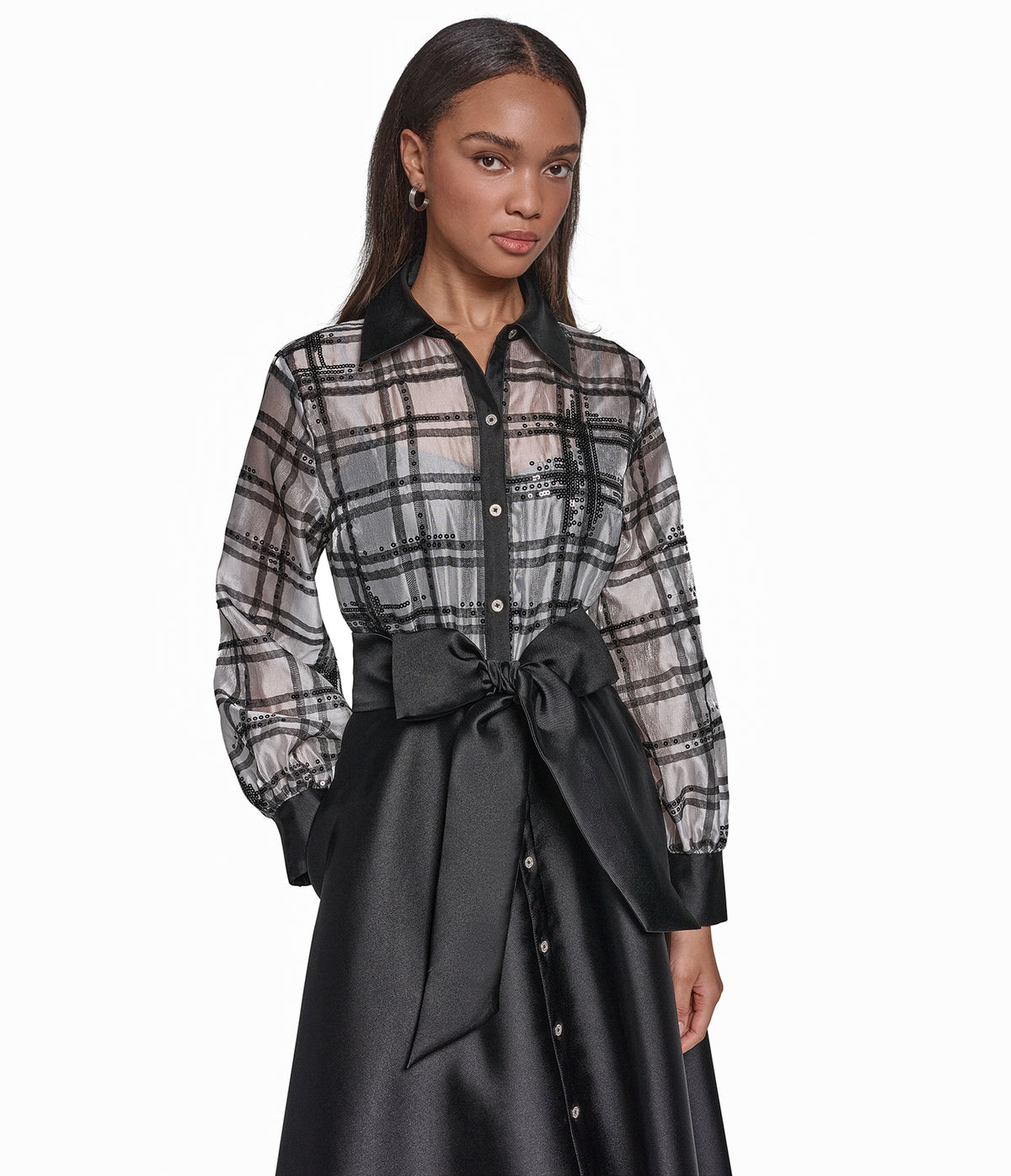 PLAID LONG SLEEVE SHIRT DRESS WITH BOW VIEW 2 PLAID LONG SLEEVE SHIRT DRESS WITH BOW VIEW 2