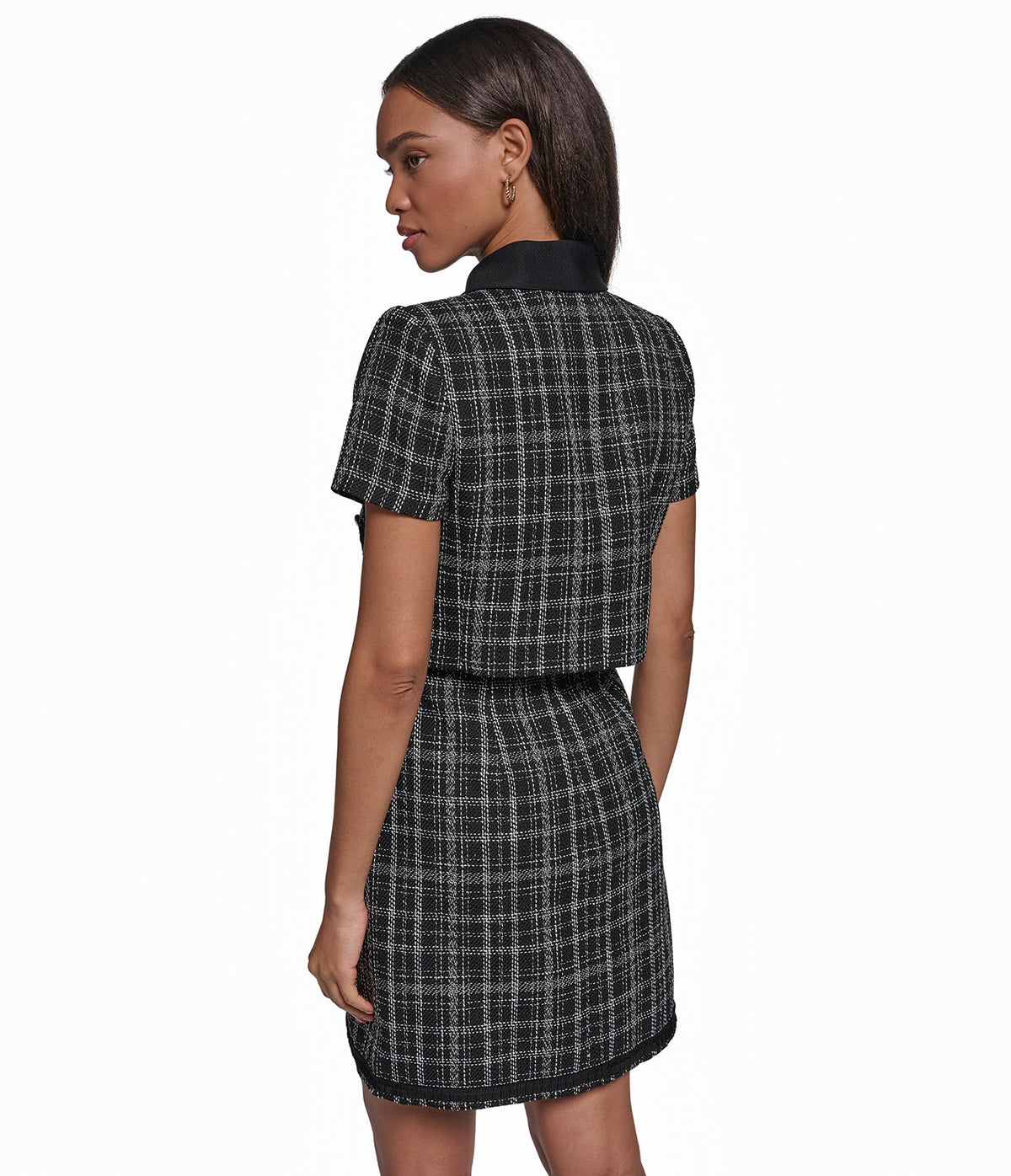 CONTRAST PLAID TWEED CROPPED JACKET VIEW 2 CONTRAST PLAID TWEED CROPPED JACKET VIEW 2