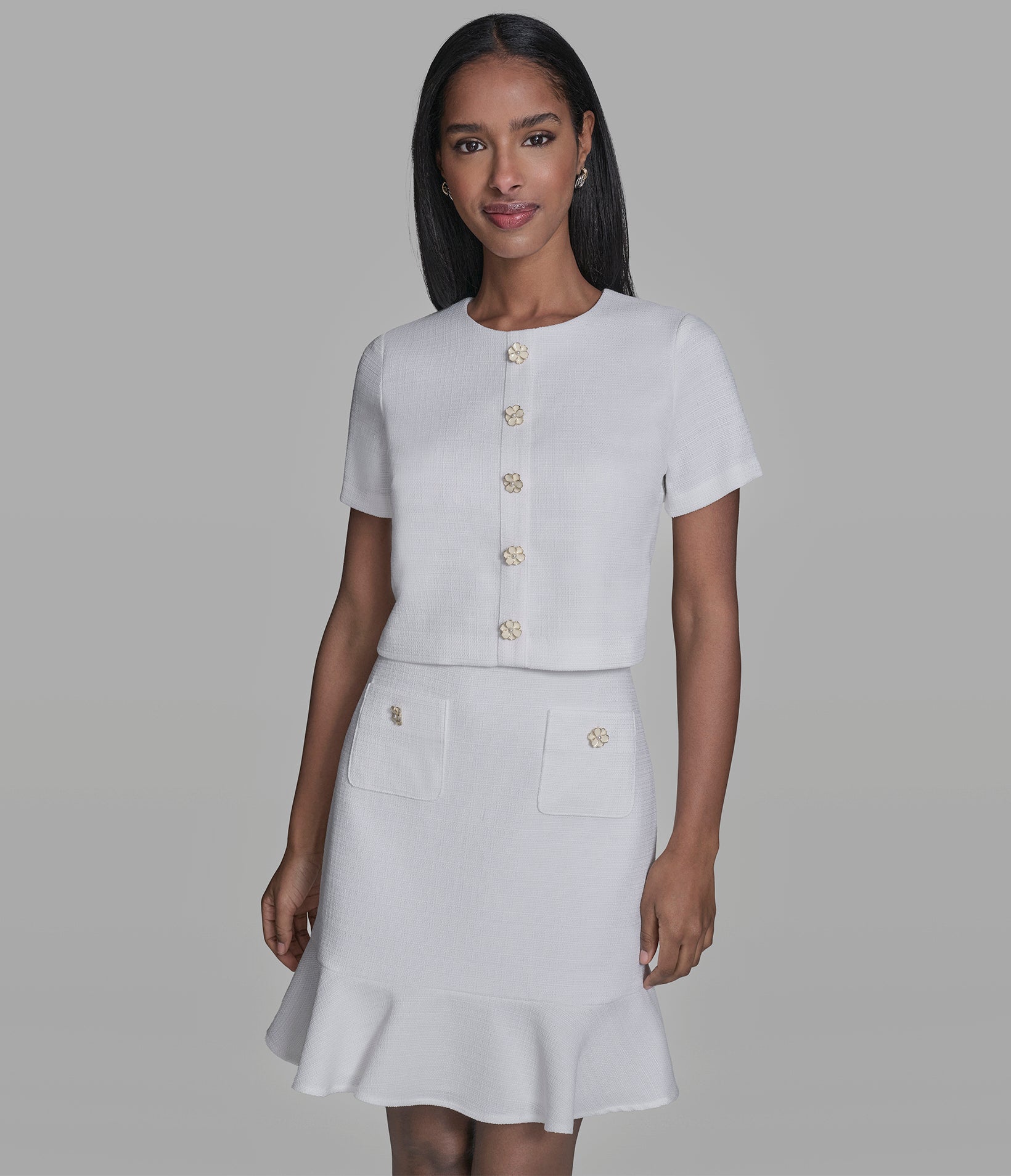 FAUX TWEED POP-OVER DRESS WITH FLORAL BUTTONS View 1 | New Arrivals FAUX TWEED POP-OVER DRESS WITH FLORAL BUTTONS View 1 | New Arrivals