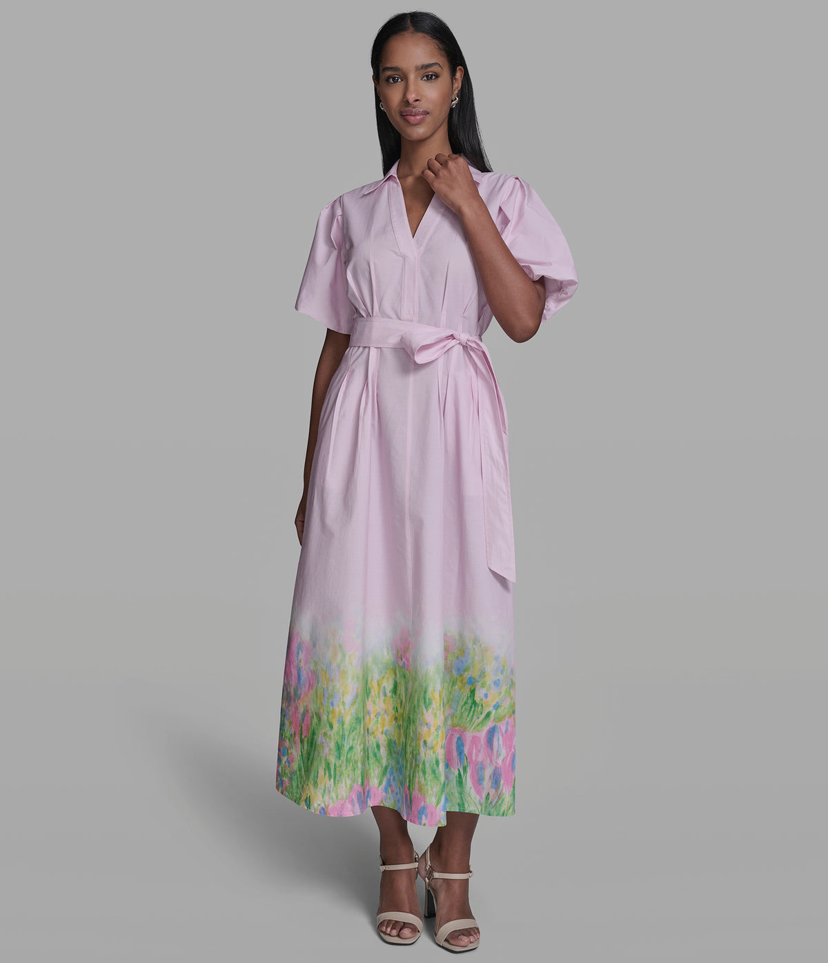 short sleeve shirt dress maxi Women's Cotton-Poplin Floral Watercolor | Pnk Sherbet/Tea Grn Cmb One Size Fit:S-XL 26.C08 serving off Sweetheart Lace Applique White