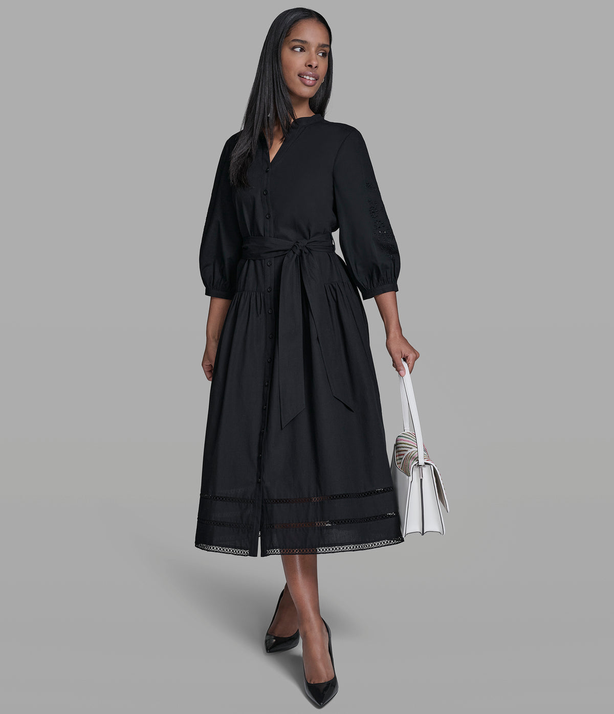 Karl Lagerfeld Paris Women's Poplin Eyelet Button Front Midi Dress - Black