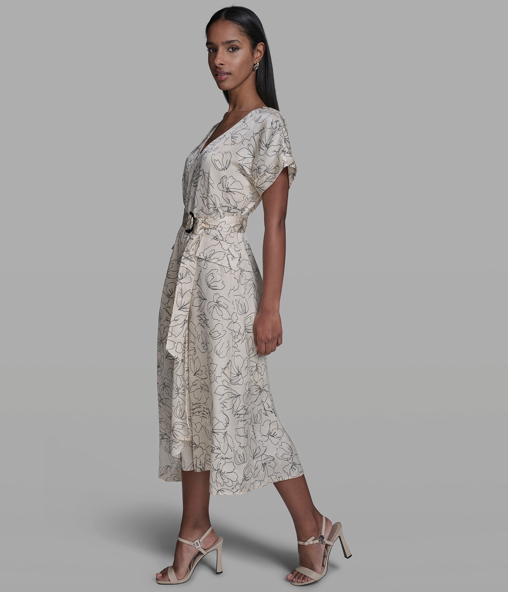 BELTED FLORAL OUTLINE MIDI DRESS VIEW 3 | New Arrivals BELTED FLORAL OUTLINE MIDI DRESS VIEW 3 | New Arrivals