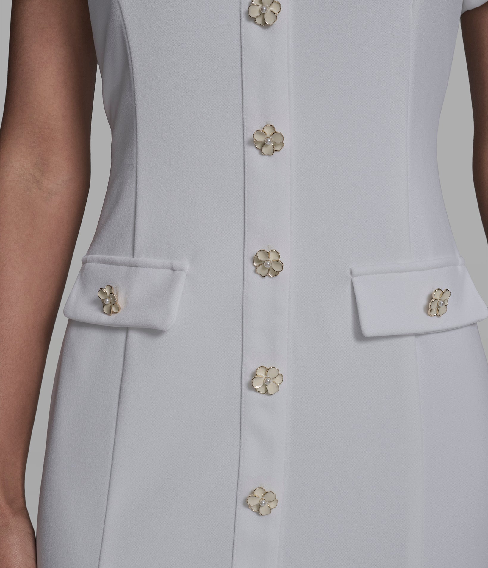 SCUBA CREPE SHEATH DRESS WITH FLOWER BUTTONS VIEW 5 | New Women's Clothing SCUBA CREPE SHEATH DRESS WITH FLOWER BUTTONS VIEW 5 | New Women's Clothing