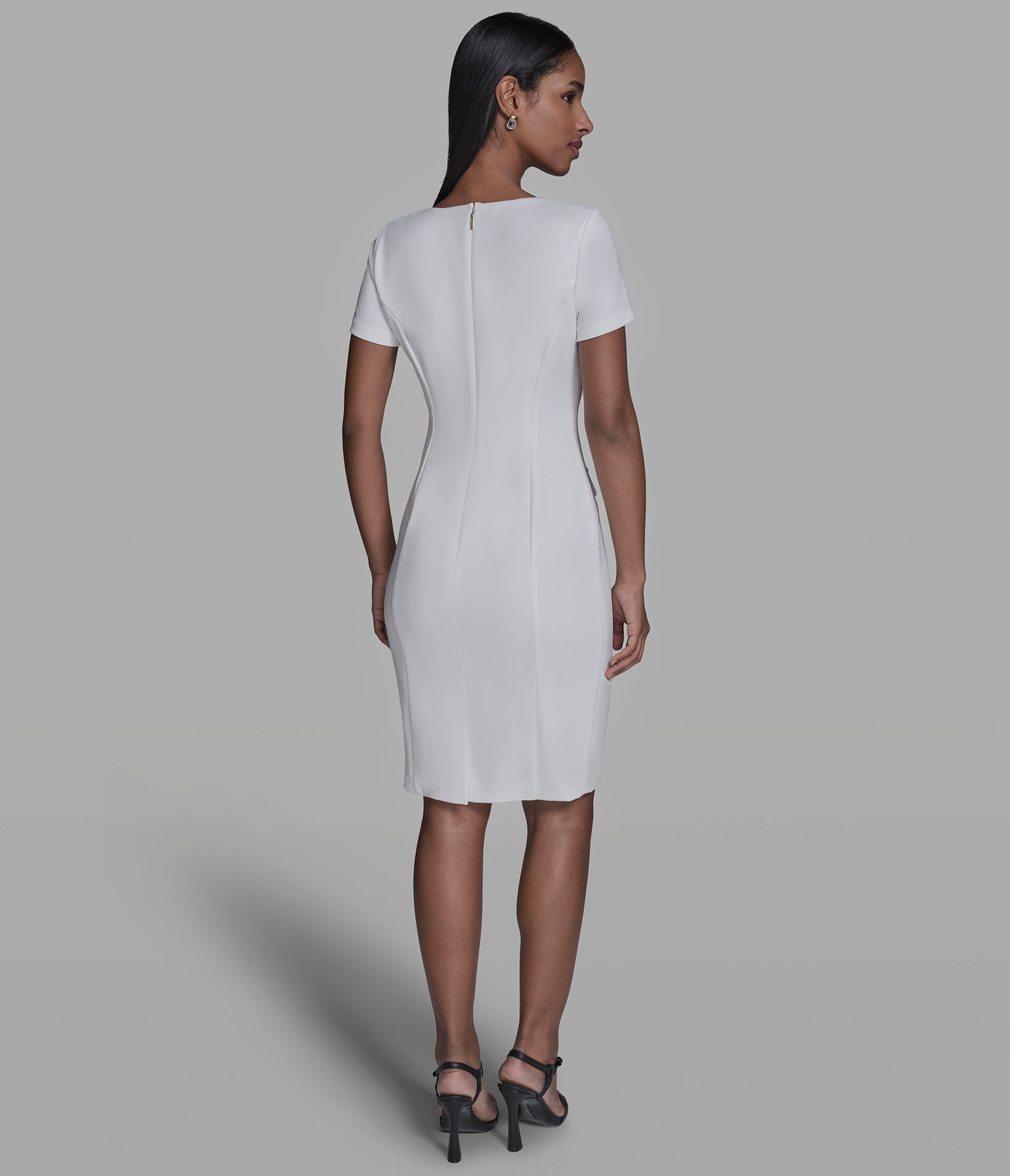 SCUBA CREPE SHEATH DRESS WITH FLOWER BUTTONS View 2 | New Women's Clothing SCUBA CREPE SHEATH DRESS WITH FLOWER BUTTONS View 2 | New Women's Clothing