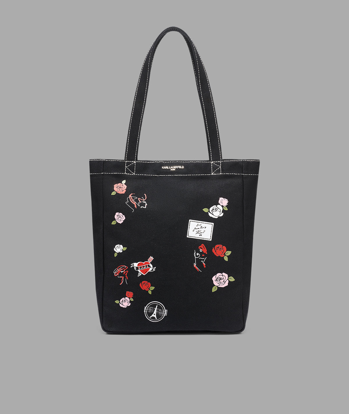 Karl Lagerfeld Black Tote with White Logo Stitching Leather Totes Karl Lagerfeld Black And White Bag Karl  main image 3
