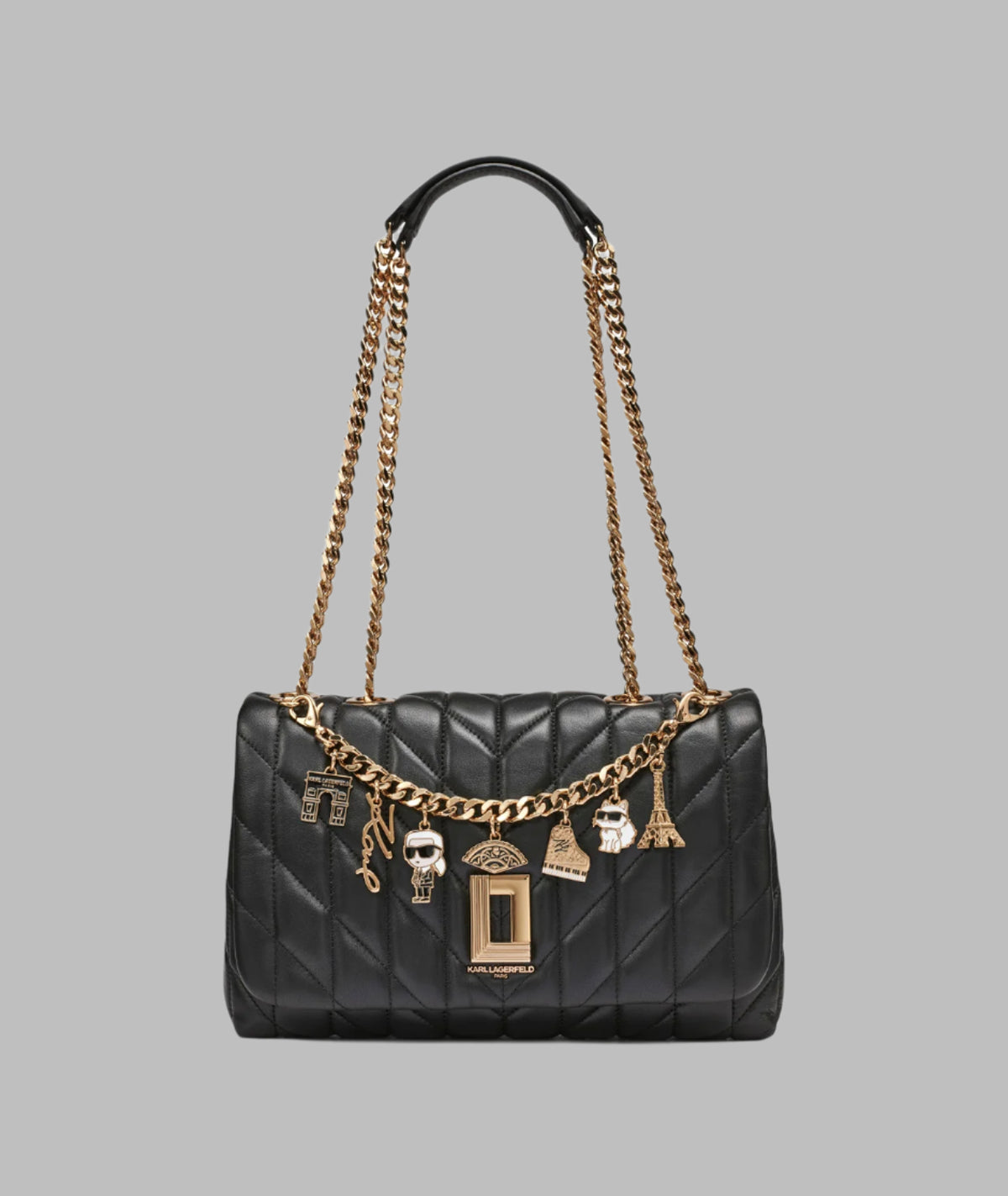 Karl Lagerfeld Quilted Flap Black Leather Shoulder Bag Lafayette Satchel With Karl Puff Charm | Shoulder Bags  main image 4