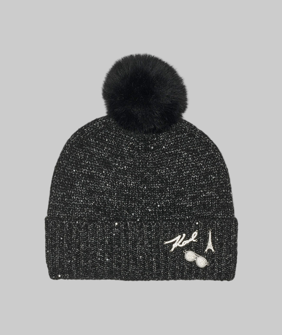 Karl Lagerfeld Black Faux Fur Hat and Scarf set. Sequin Faux Fur Pom Hat | Karl Lagerfeld Paris main image 2