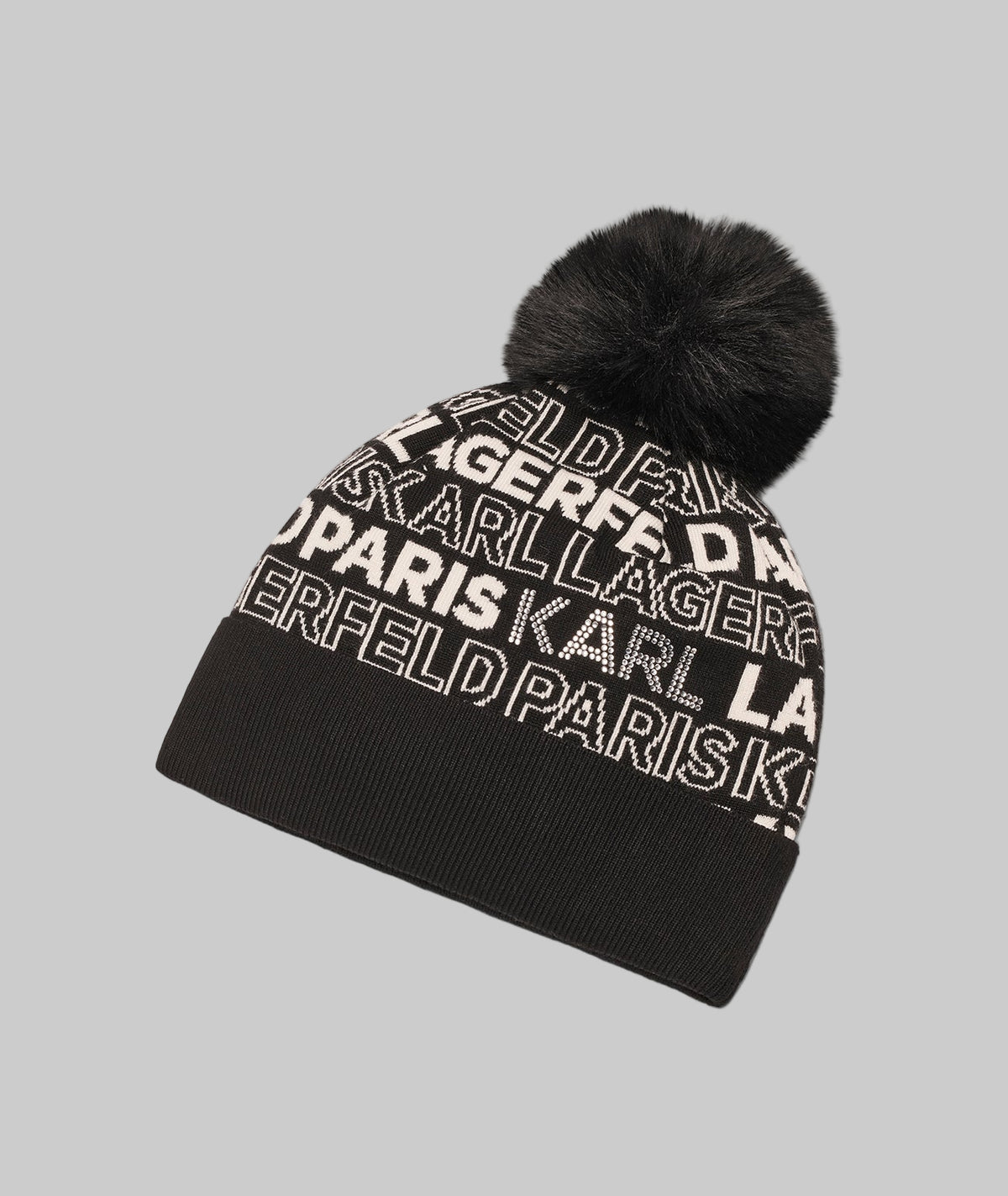 Karl Lagerfeld Paris Beanie Women\'s One Size Black Knit Pom‎ Rhinestone Logo Klp Logo Stud Faux Fur Pom Hat | Karl Lagerfeld Paris main image 2