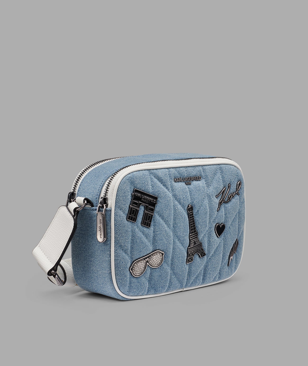 MAYBELLE DENIM CROSSBODY WITH PARIS PINS VIEW 3 | Women's Spring Collection MAYBELLE DENIM CROSSBODY WITH PARIS PINS VIEW 3 | Women's Spring Collection