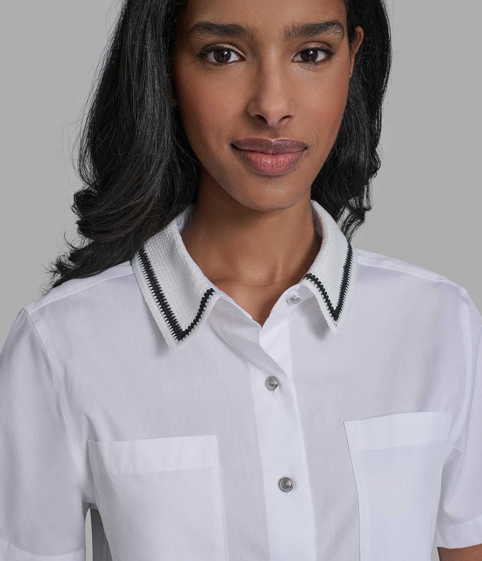 Short Sleeve Crochet Collar Poplin Shirt | Sweaters & Tops | Karl