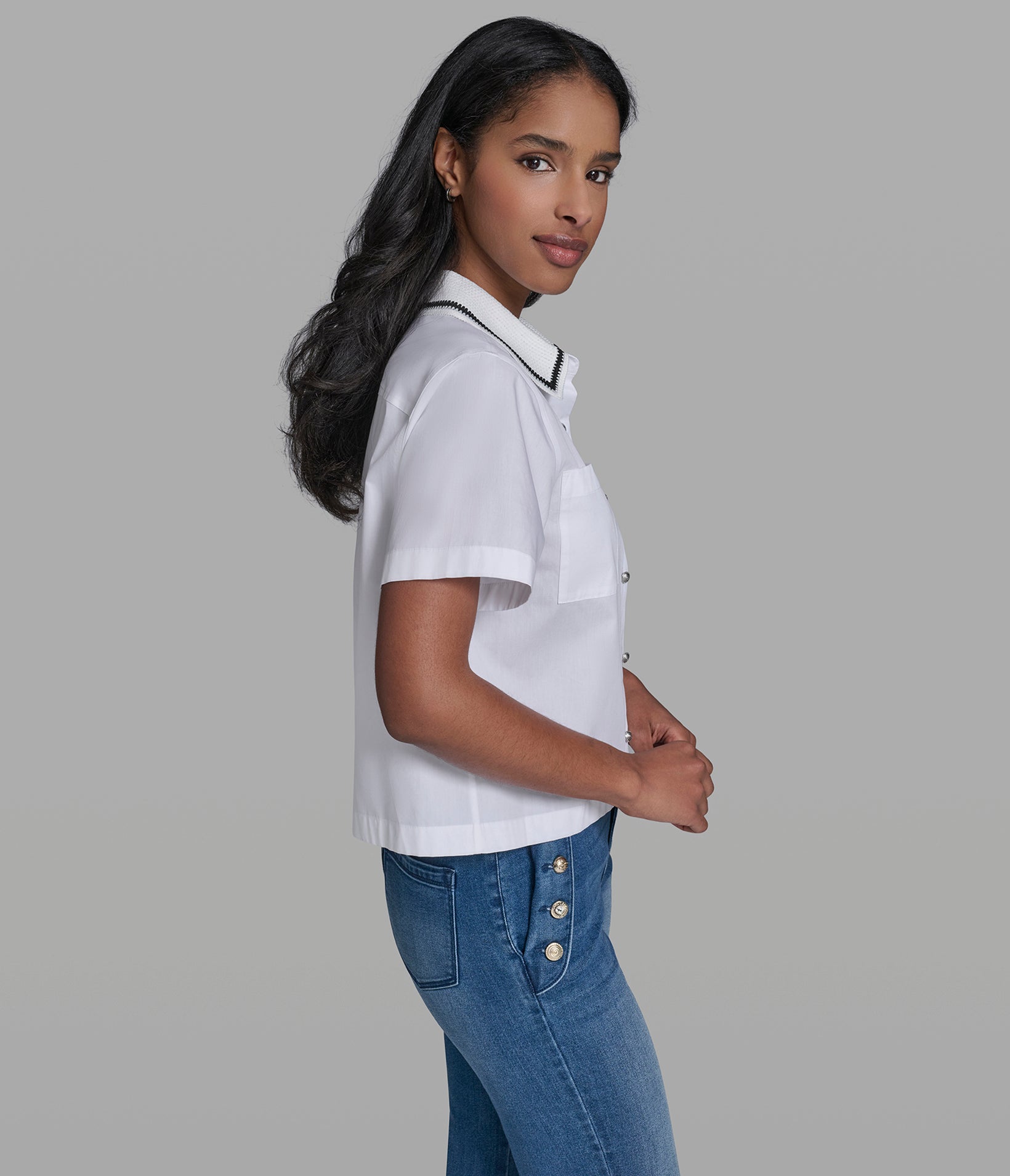 Short Sleeve Crochet Collar Poplin Shirt | Sweaters & Tops | Karl