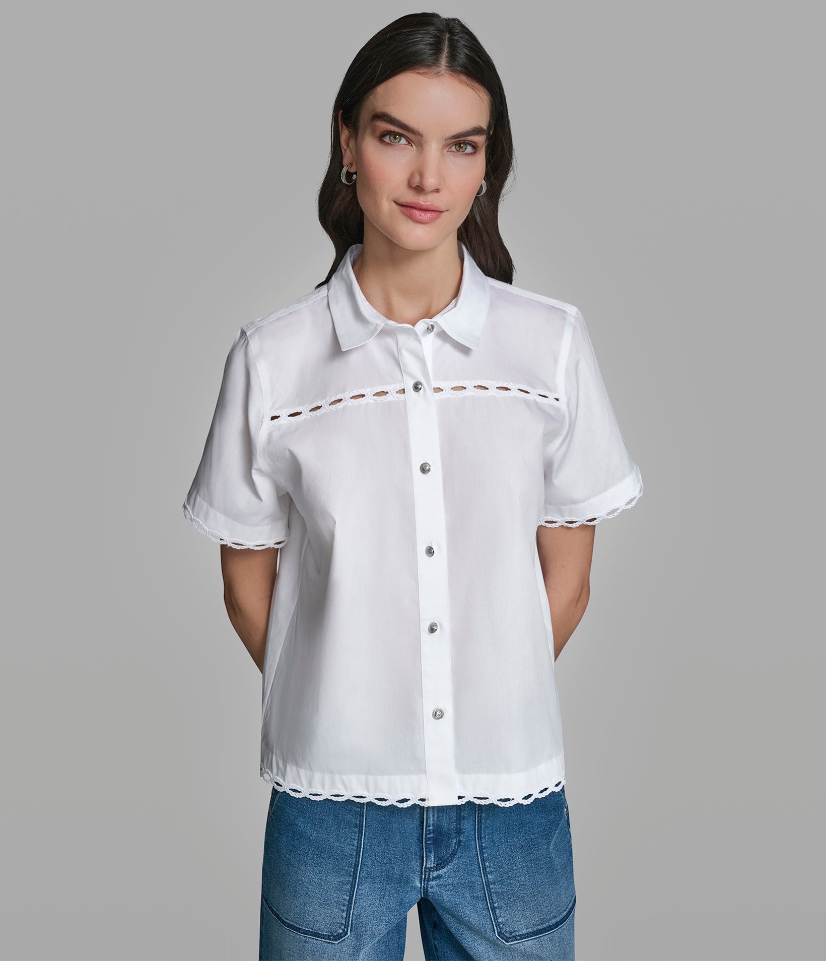 Eyelit Trim Button Front Shirt | Sweaters & Tops | Karl Lagerfeld