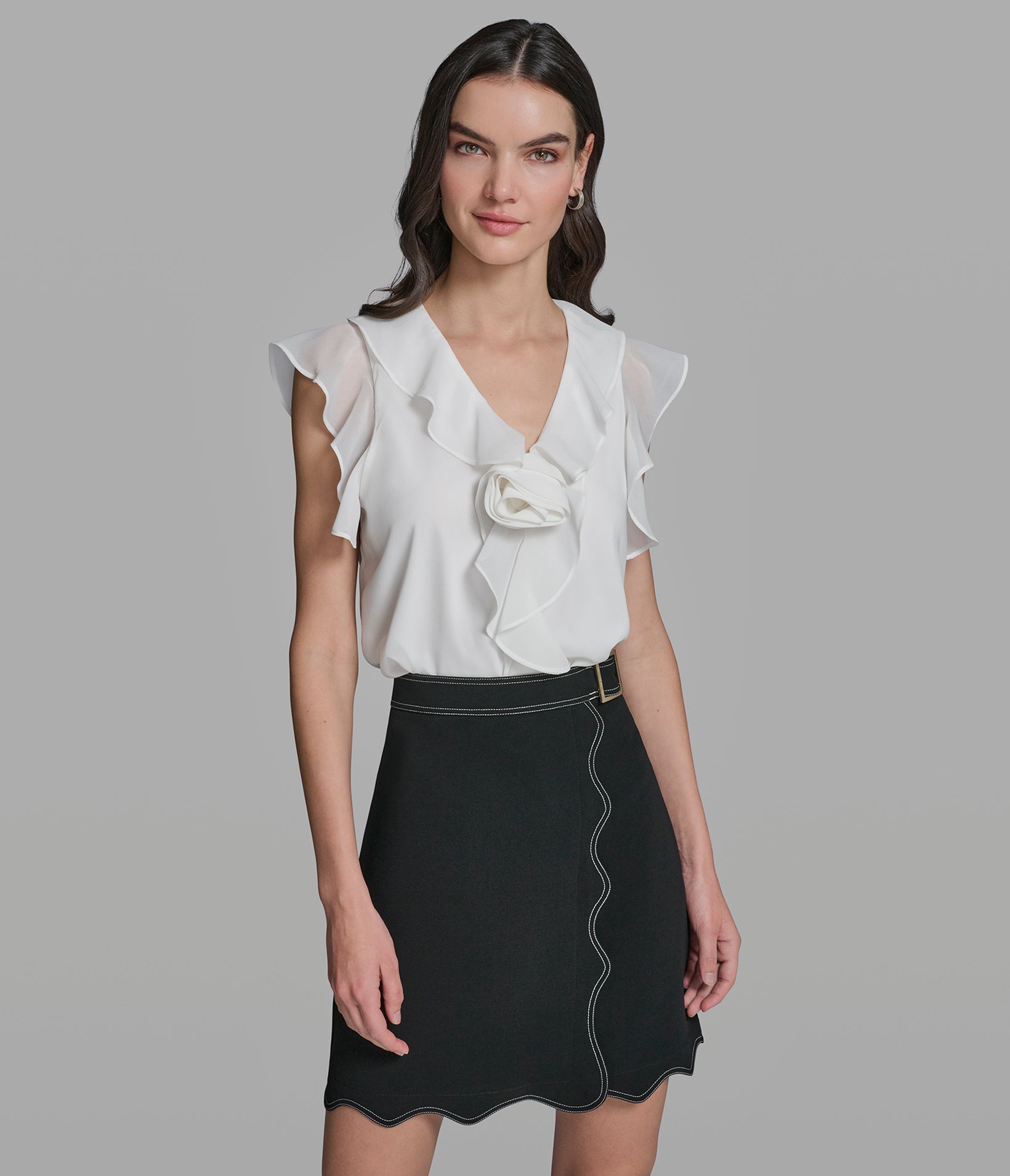 SLEEVELESS RUFFLE V-NECK TOP WITH ROSETTE View 1 | Women's Clothing SLEEVELESS RUFFLE V-NECK TOP WITH ROSETTE View 1 | Women's Clothing