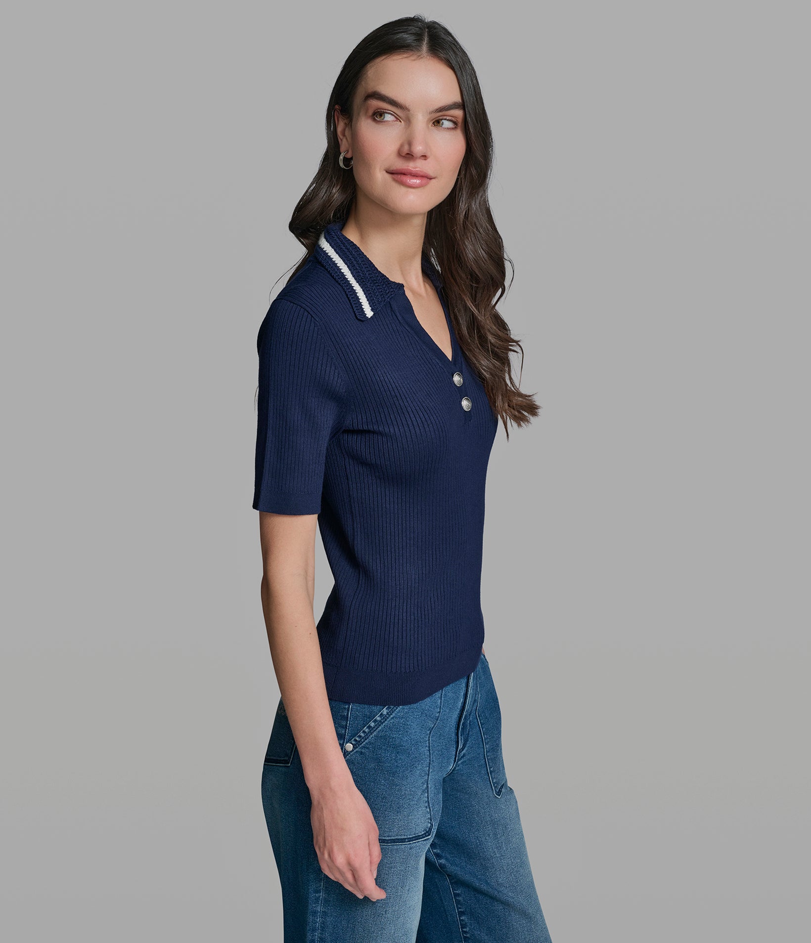 SHORT SLEEVE POLO WITH CROCHET COLLAR VIEW 3 | Women's Clothing SHORT SLEEVE POLO WITH CROCHET COLLAR VIEW 3 | Women's Clothing