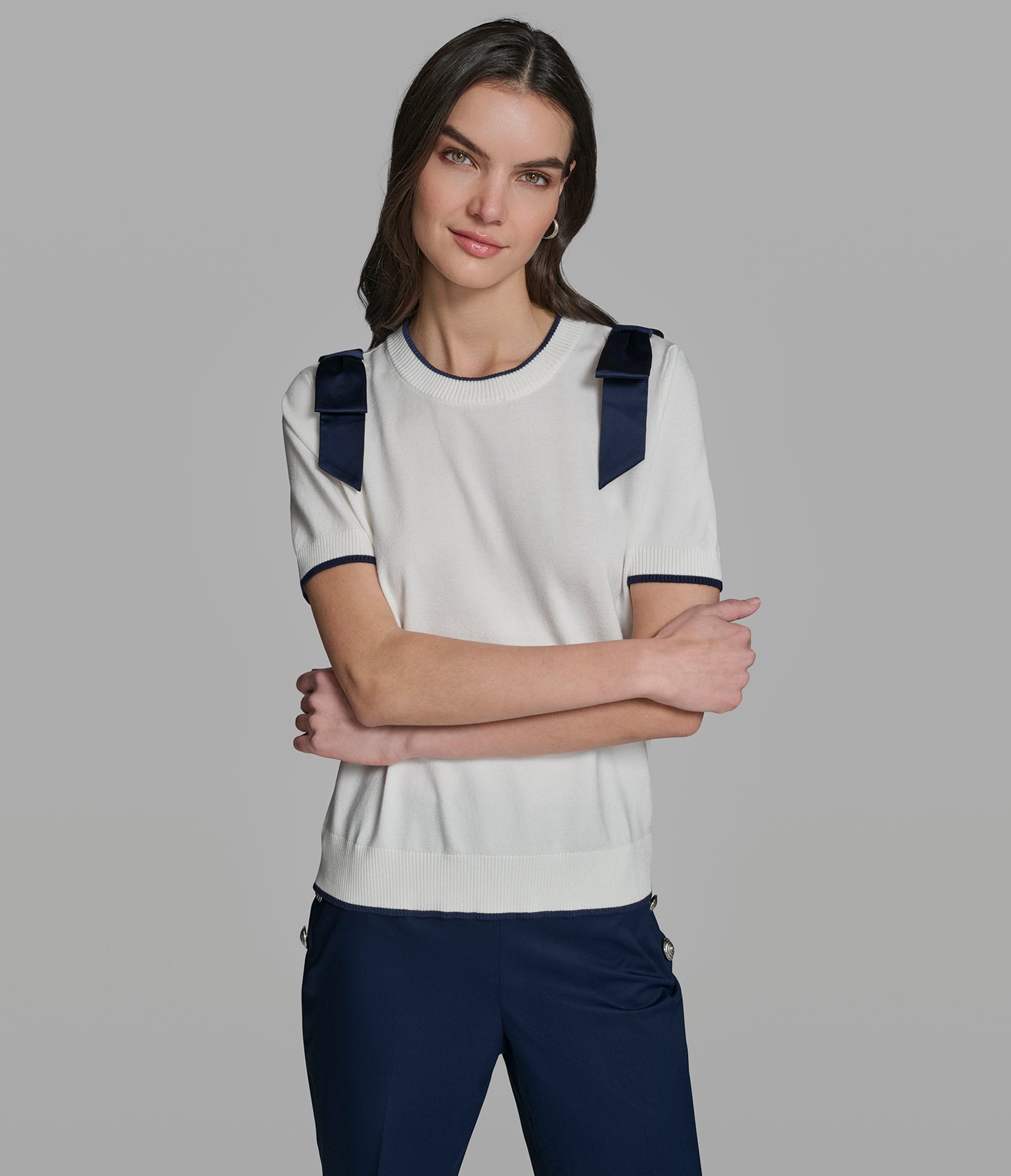 SHORT SLEEVE SWEATER WITH BOW DETAIL View 1 | Women's Clothing SHORT SLEEVE SWEATER WITH BOW DETAIL View 1 | Women's Clothing