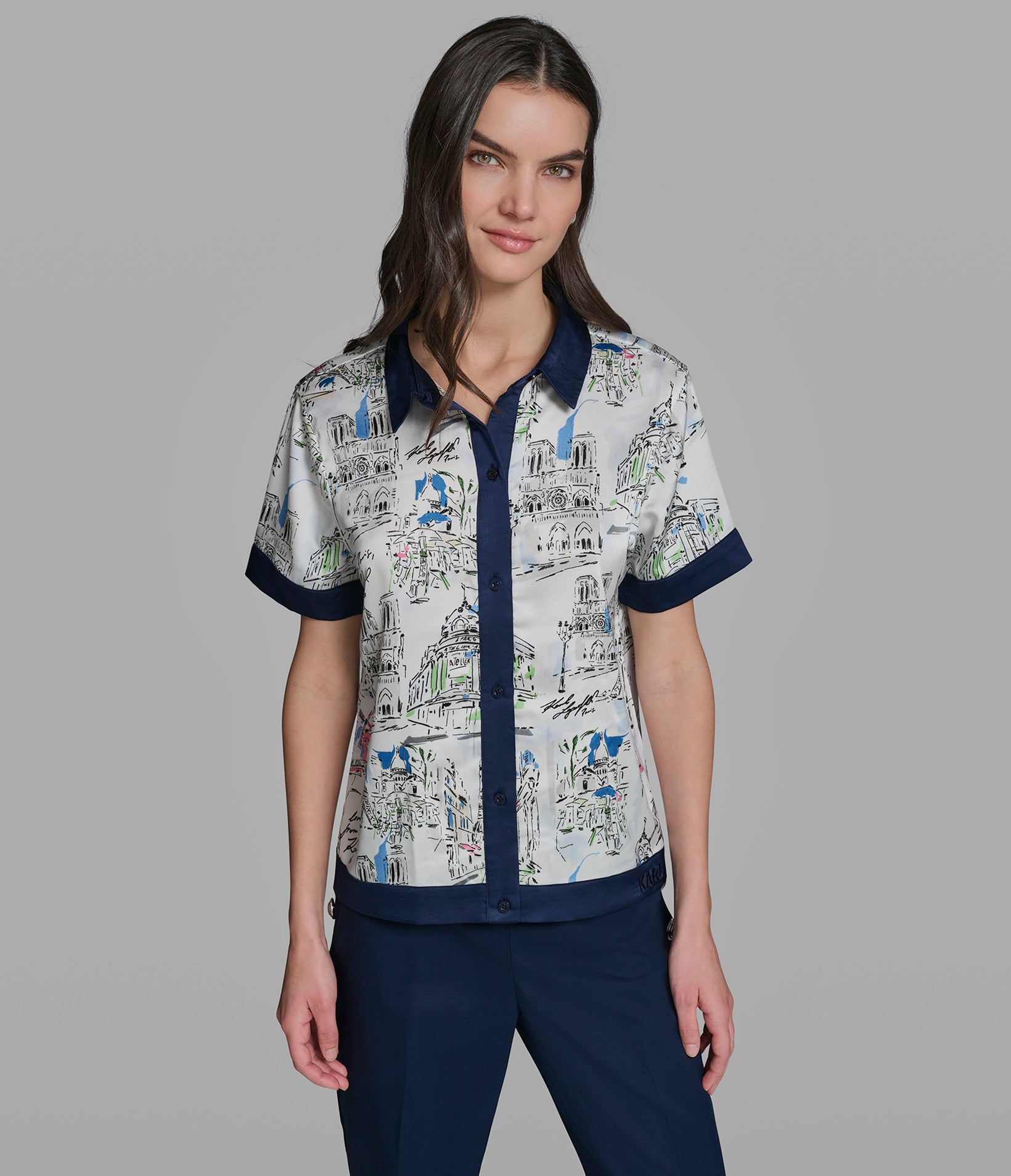 City Print Button Front Shirt | Sweaters & Tops | Karl Lagerfeld Paris