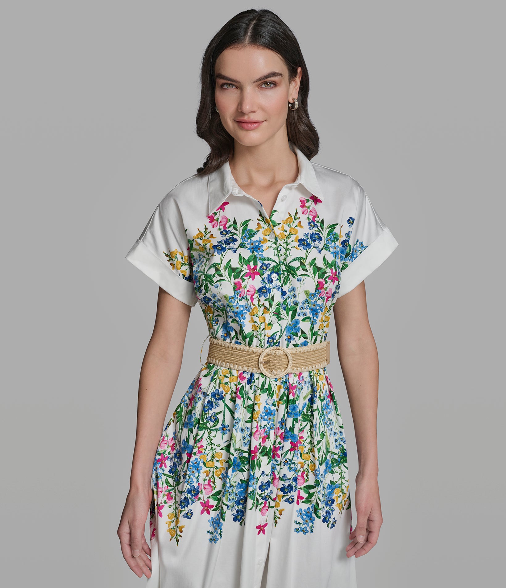 SHORT SLEEVE BELTED FLORAL SHIRT DRESS VIEW 5 SHORT SLEEVE BELTED FLORAL SHIRT DRESS VIEW 5