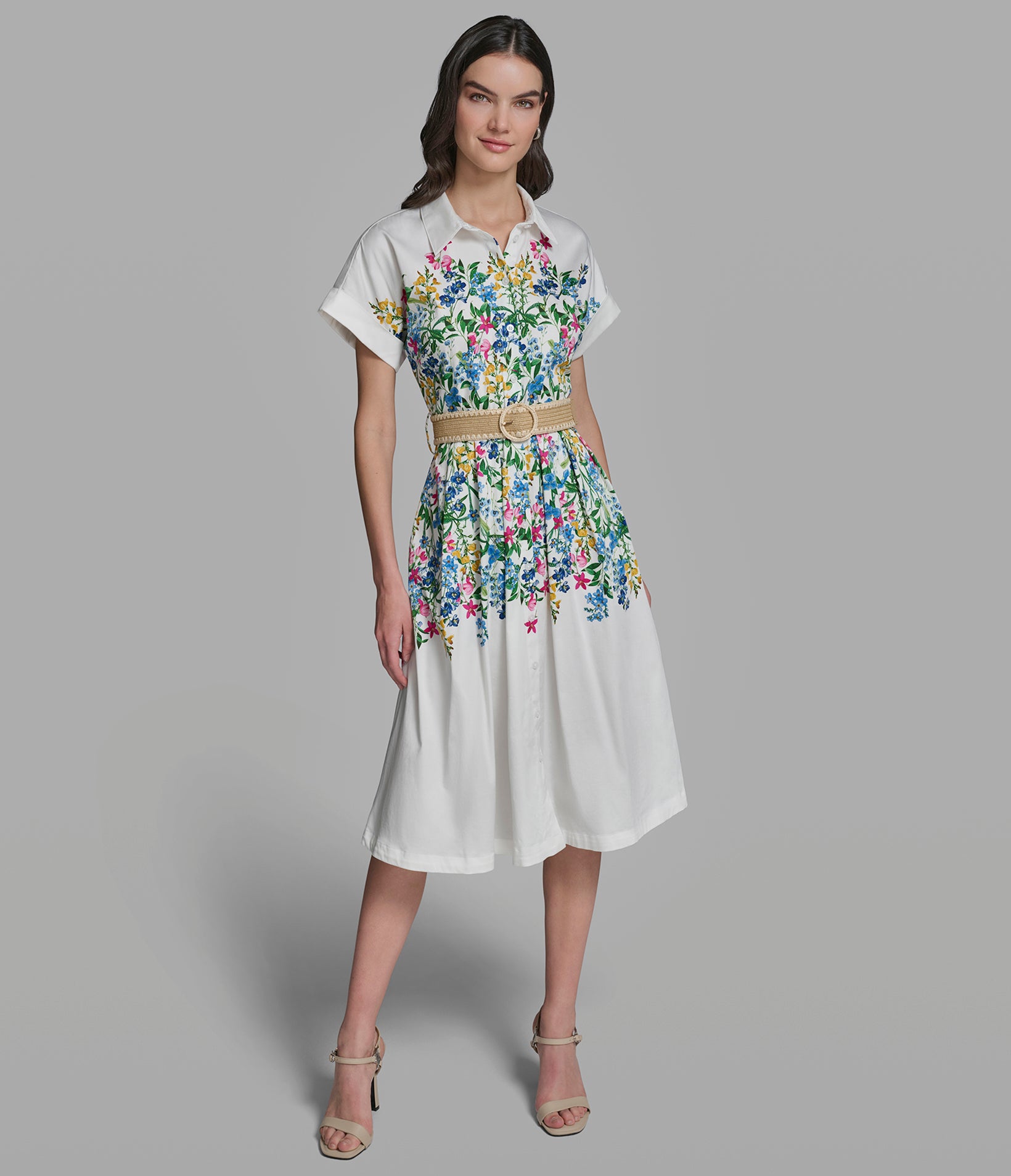 SHORT SLEEVE BELTED FLORAL SHIRT DRESS VIEW 3 SHORT SLEEVE BELTED FLORAL SHIRT DRESS VIEW 3