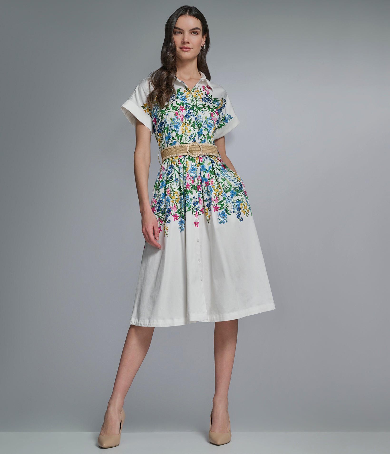 SHORT SLEEVE BELTED FLORAL SHIRT DRESS View 1 | Products SHORT SLEEVE BELTED FLORAL SHIRT DRESS View 1 | Products