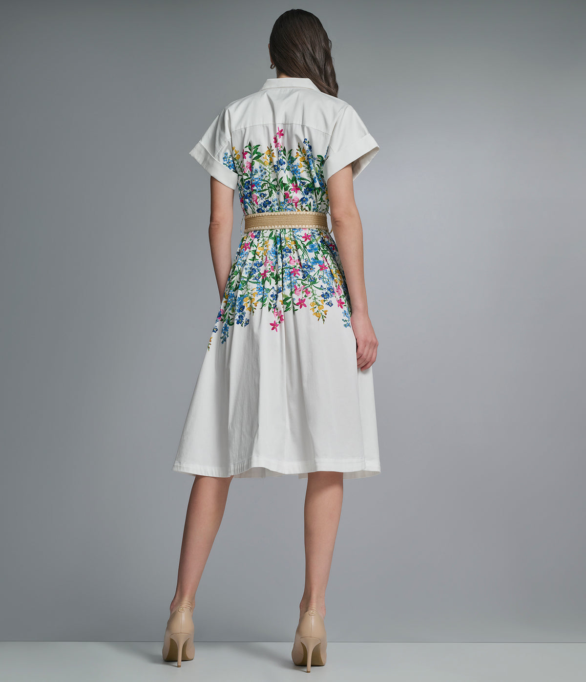 Women's Shorts Sleeve Belted Floral Shirt Dress | Soft White Combo