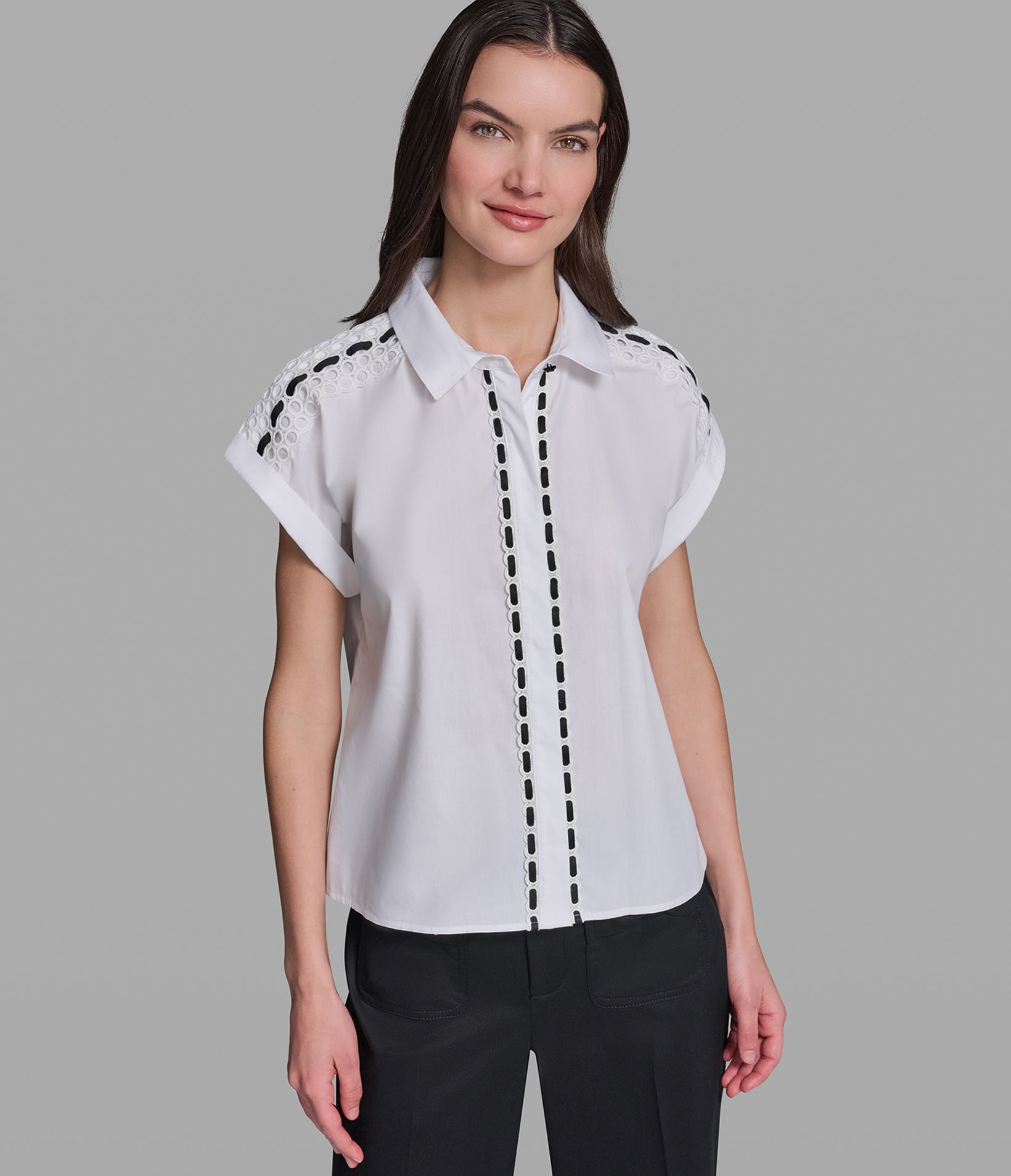 SHORT SLEEVE SHIRT WITH EYELET TRIM View 1 | Women's Sale SHORT SLEEVE SHIRT WITH EYELET TRIM View 1 | Women's Sale