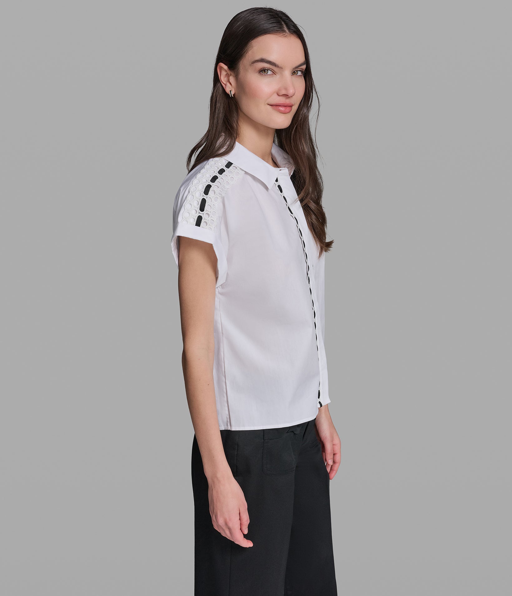 SHORT SLEEVE SHIRT WITH EYELET TRIM VIEW 3 | Styles Under $100 SHORT SLEEVE SHIRT WITH EYELET TRIM VIEW 3 | Styles Under $100
