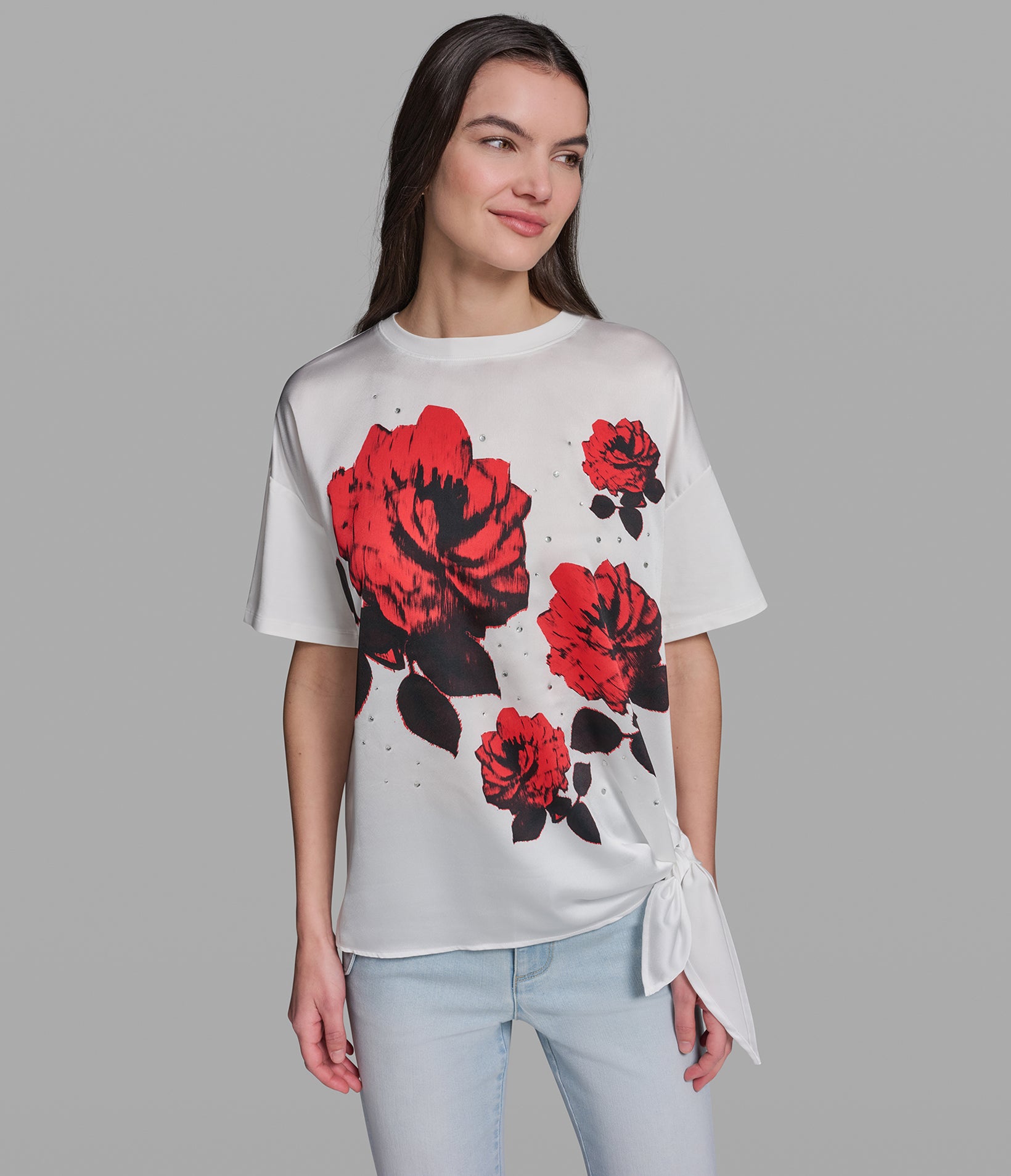 Rose Print Top With Tie | Sweaters & Tops | Karl Lagerfeld Paris