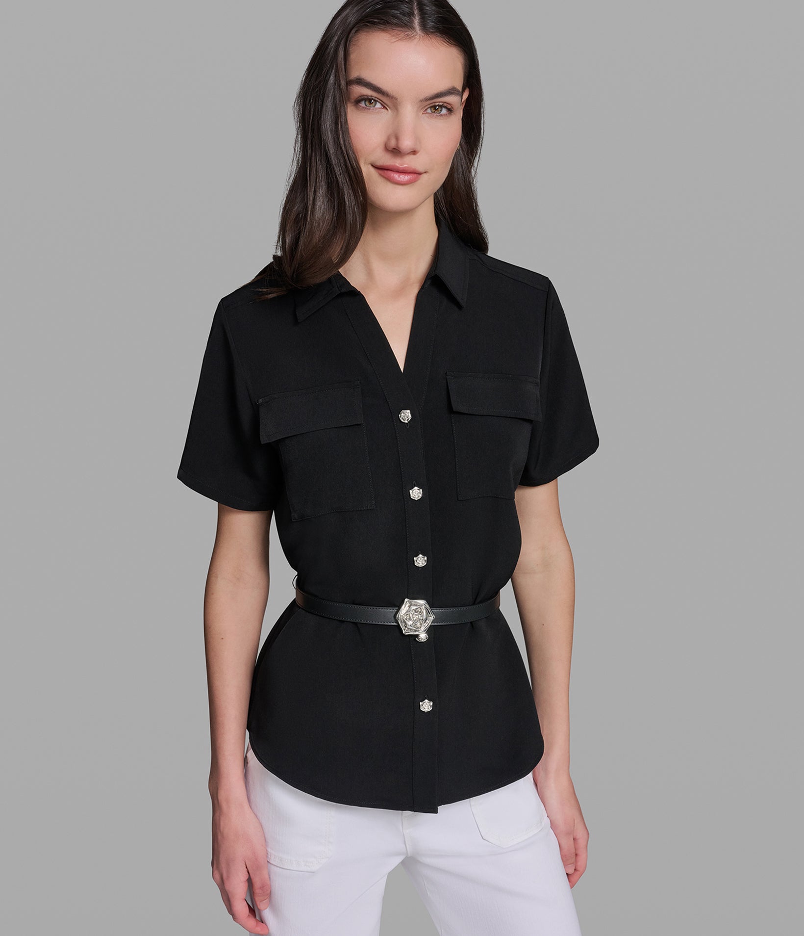 SHORT SLEEVE TOP WITH FLOWER BELT VIEW 1 SHORT SLEEVE TOP WITH FLOWER BELT VIEW 1