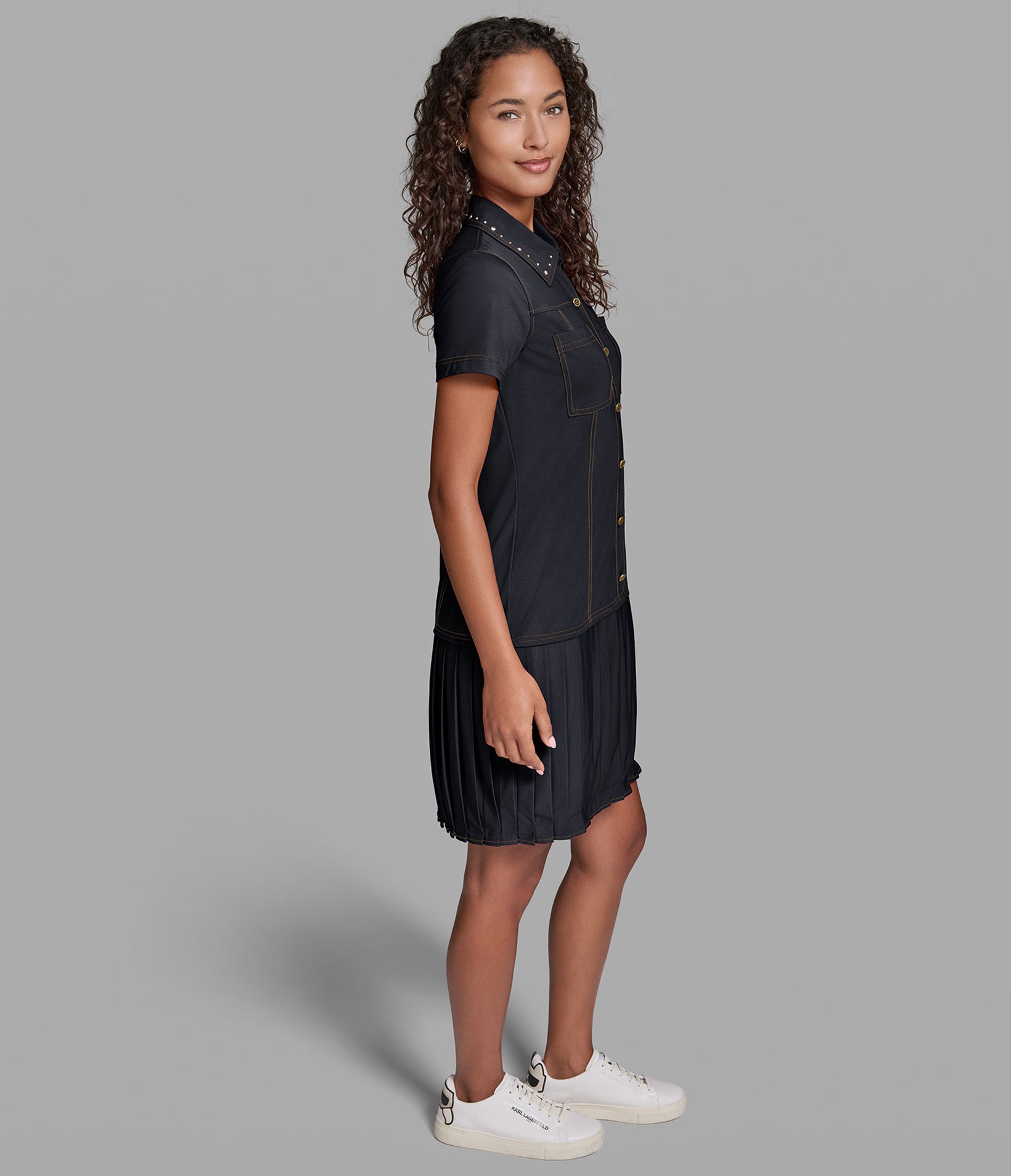 CONTRAST STITCH PLEATED SHIRT DRESS VIEW 3 | New Arrivals CONTRAST STITCH PLEATED SHIRT DRESS VIEW 3 | New Arrivals