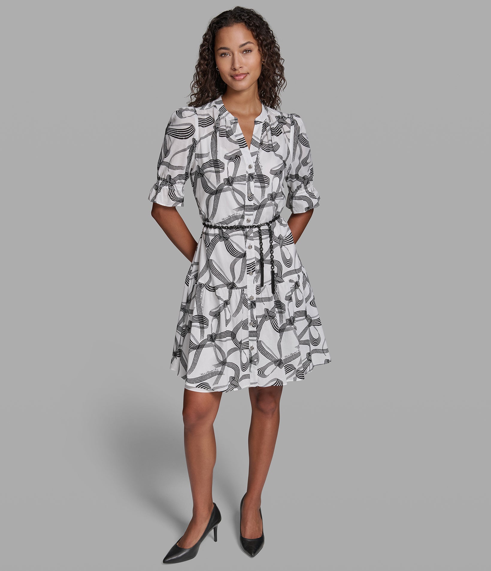 BOW PRINT BELTED DRESS VIEW 4 BOW PRINT BELTED DRESS VIEW 4