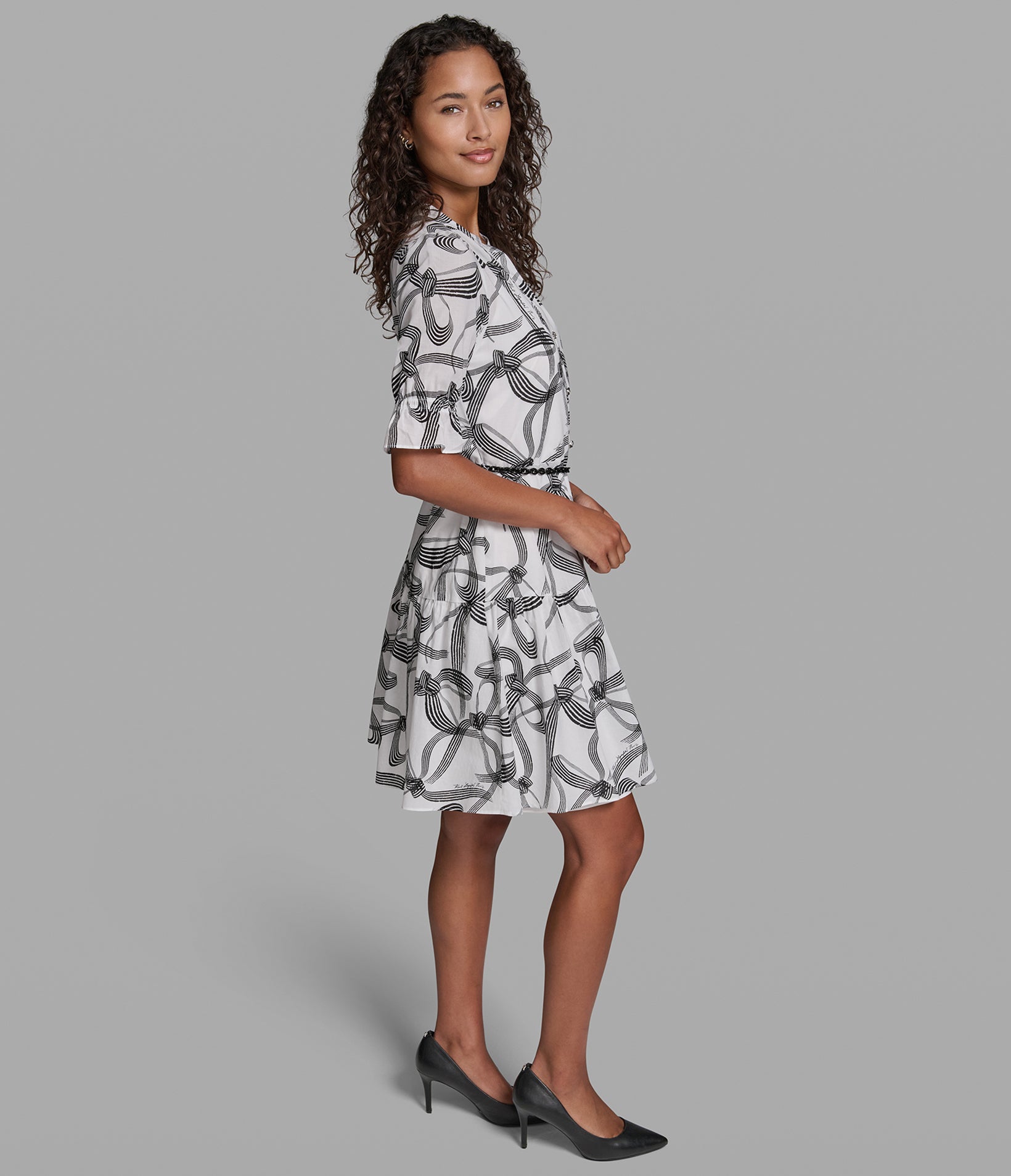 BOW PRINT BELTED DRESS VIEW 3 BOW PRINT BELTED DRESS VIEW 3