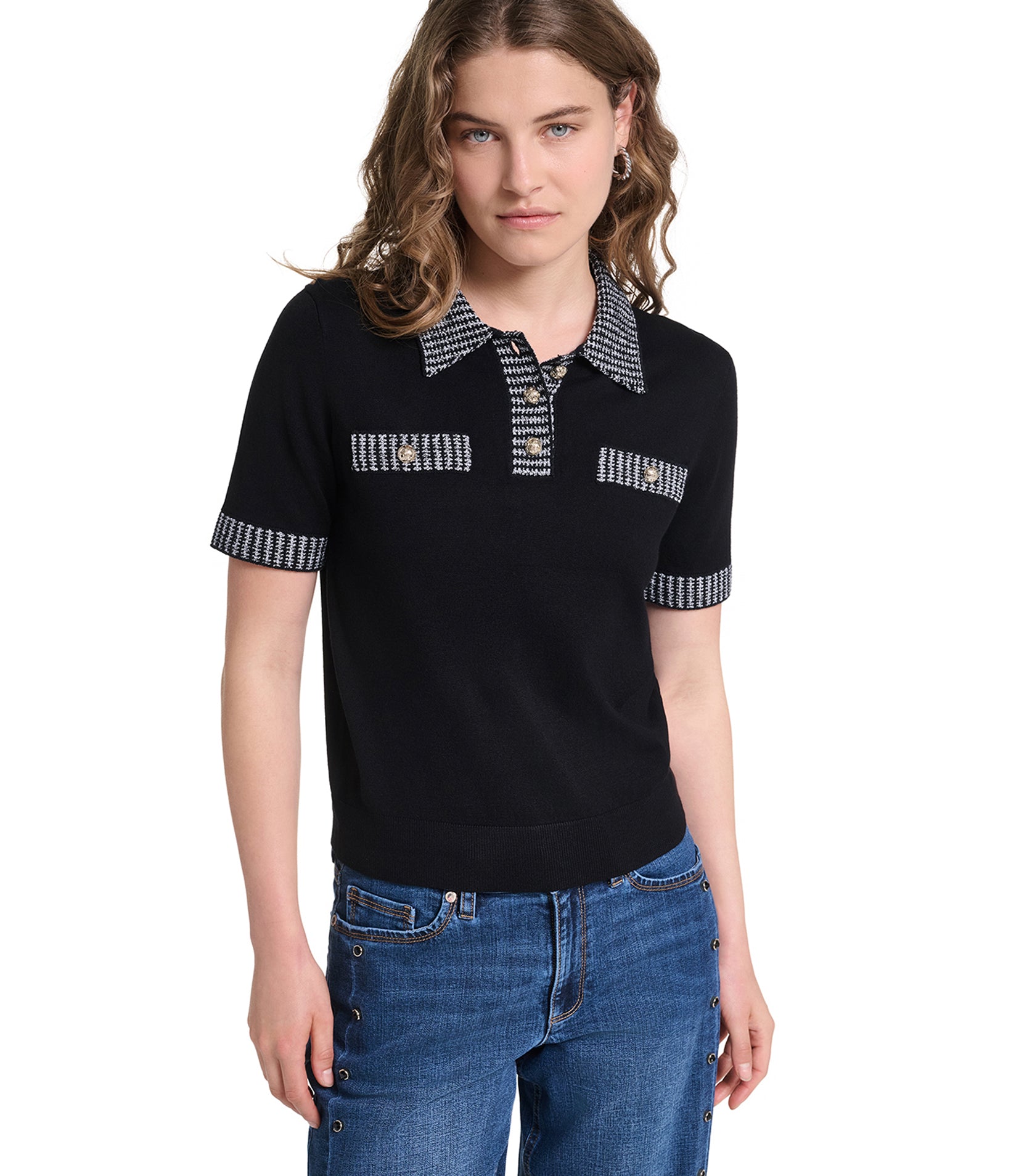 SHORT SLEEVE TWEED TRIM POLO VIEW 9 | Women's Clothing SHORT SLEEVE TWEED TRIM POLO VIEW 9 | Women's Clothing