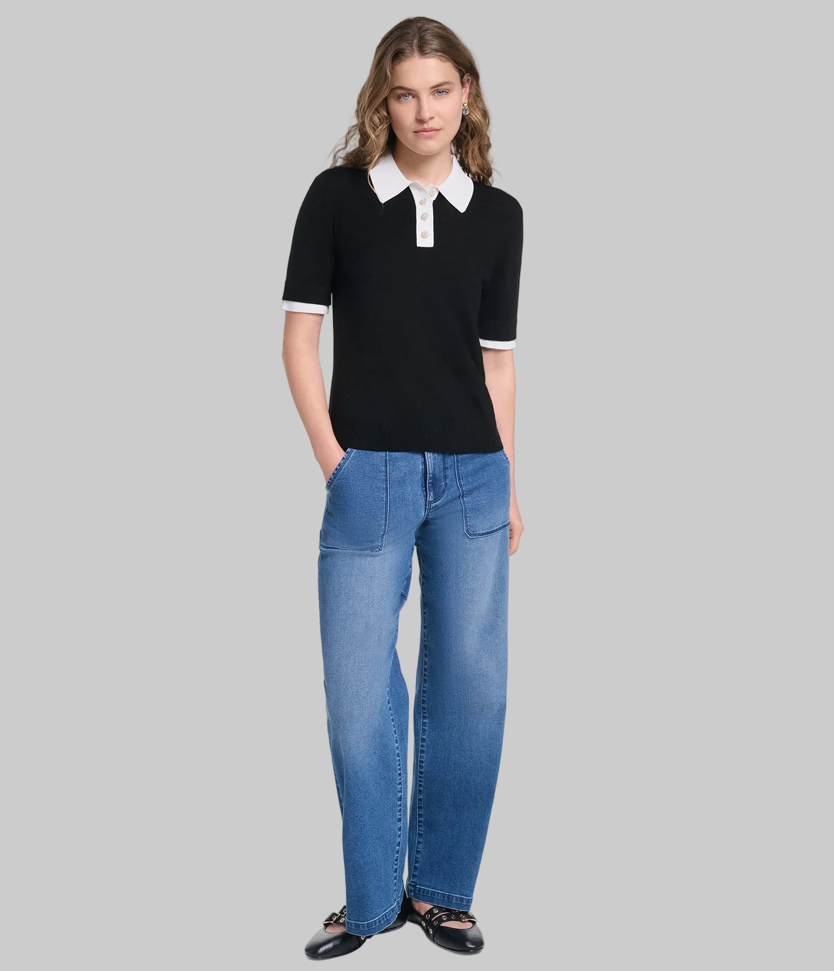 SHORT SLEEVE CONTRAST COLLAR SWEATER VIEW 5 SHORT SLEEVE CONTRAST COLLAR SWEATER VIEW 5