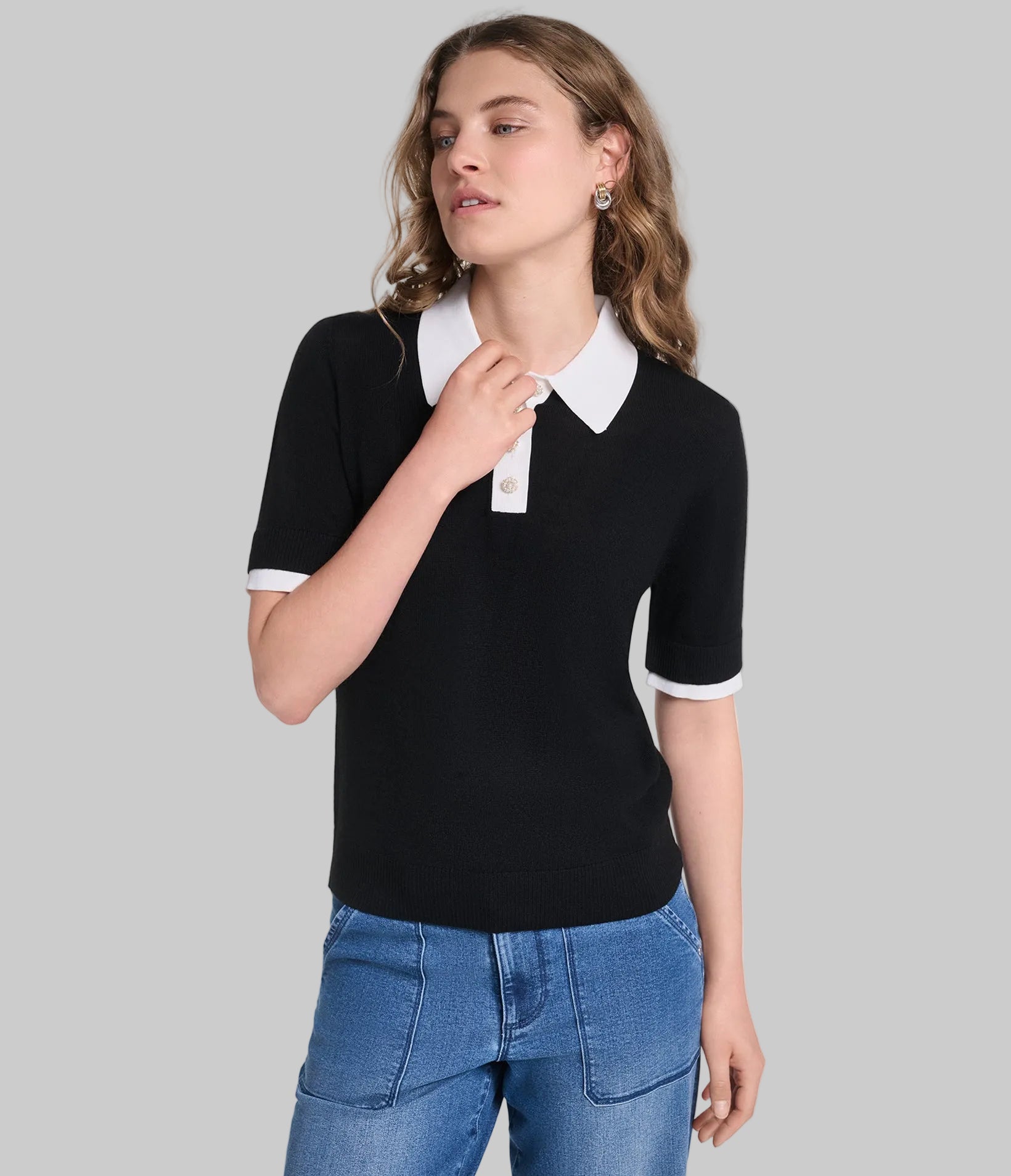SHORT SLEEVE CONTRAST COLLAR SWEATER VIEW 1 SHORT SLEEVE CONTRAST COLLAR SWEATER VIEW 1