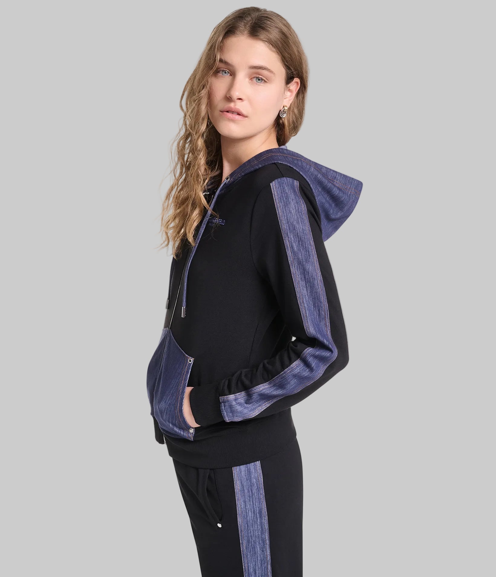 Denim Trim Half Zip Up Hoodie | Athleisure | Karl Lagerfeld Paris