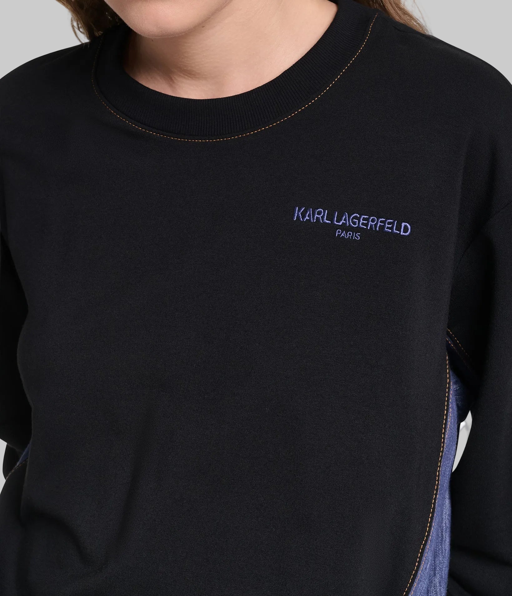 LONG SLEEVE DENIM TRIM CREW SWEATSHIRT VIEW 10 LONG SLEEVE DENIM TRIM CREW SWEATSHIRT VIEW 10