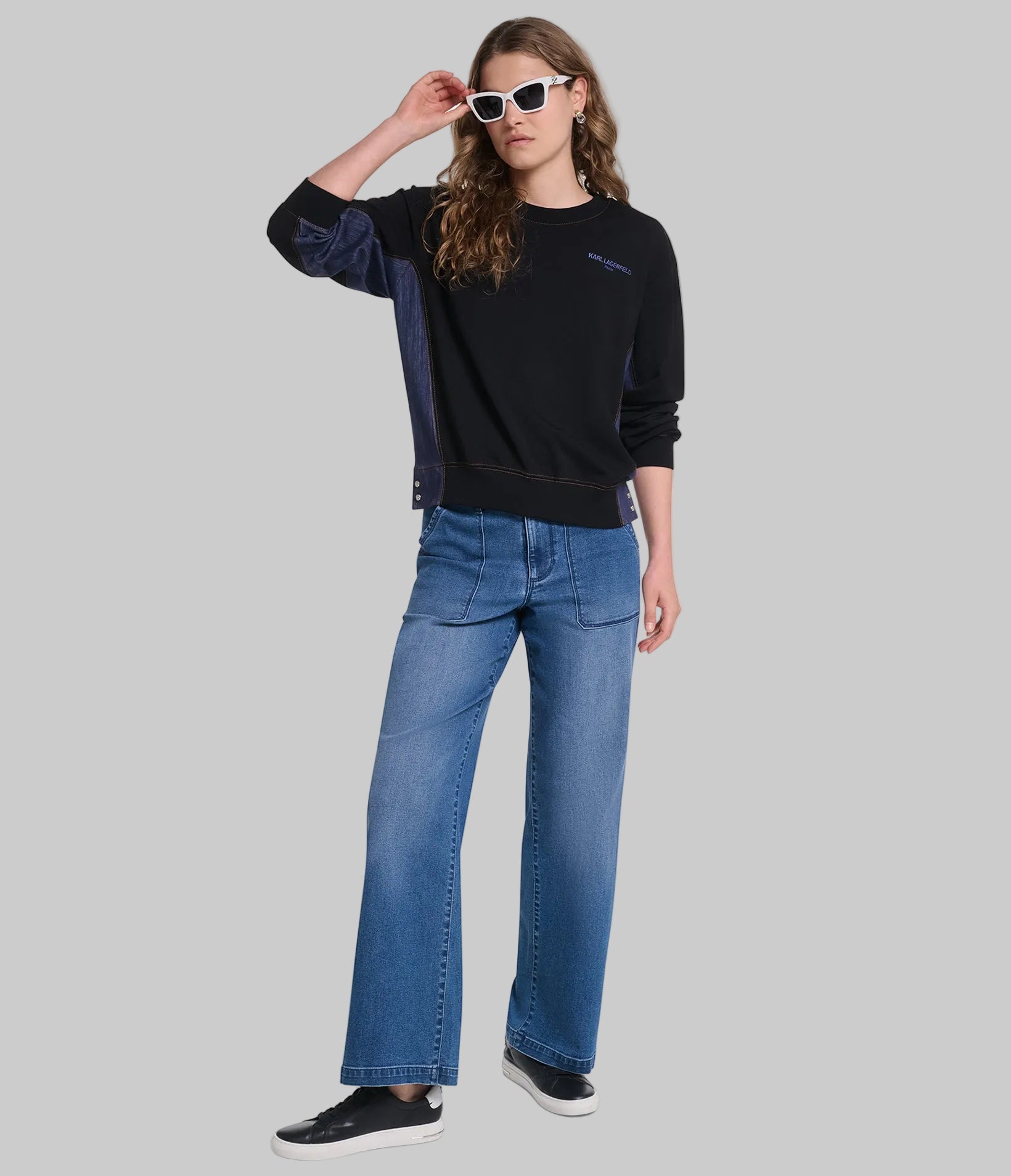 LONG SLEEVE DENIM TRIM CREW SWEATSHIRT VIEW 5 LONG SLEEVE DENIM TRIM CREW SWEATSHIRT VIEW 5