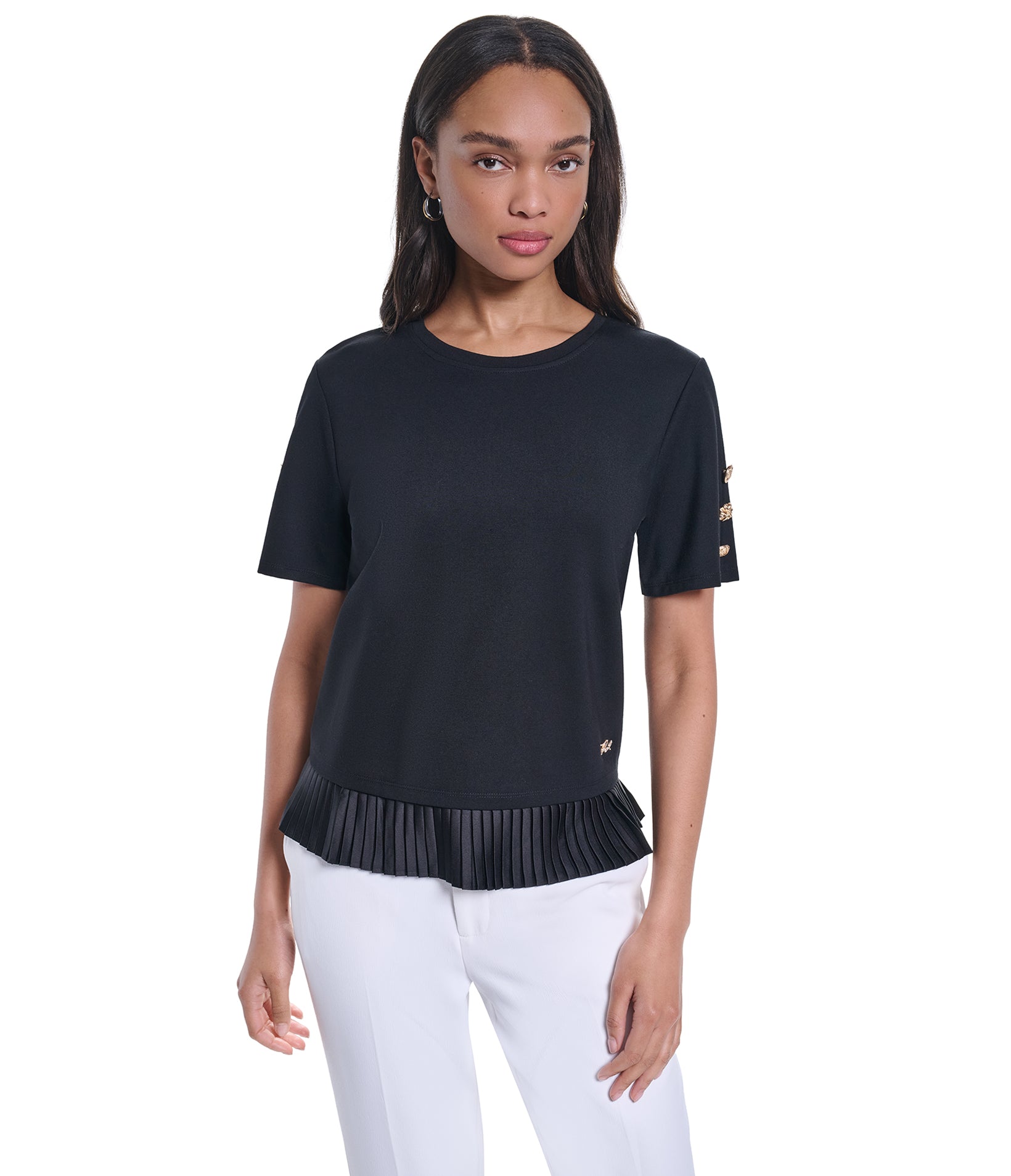 PLEATED HEM TEE WITH KARL PIN View 1 | Products PLEATED HEM TEE WITH KARL PIN View 1 | Products