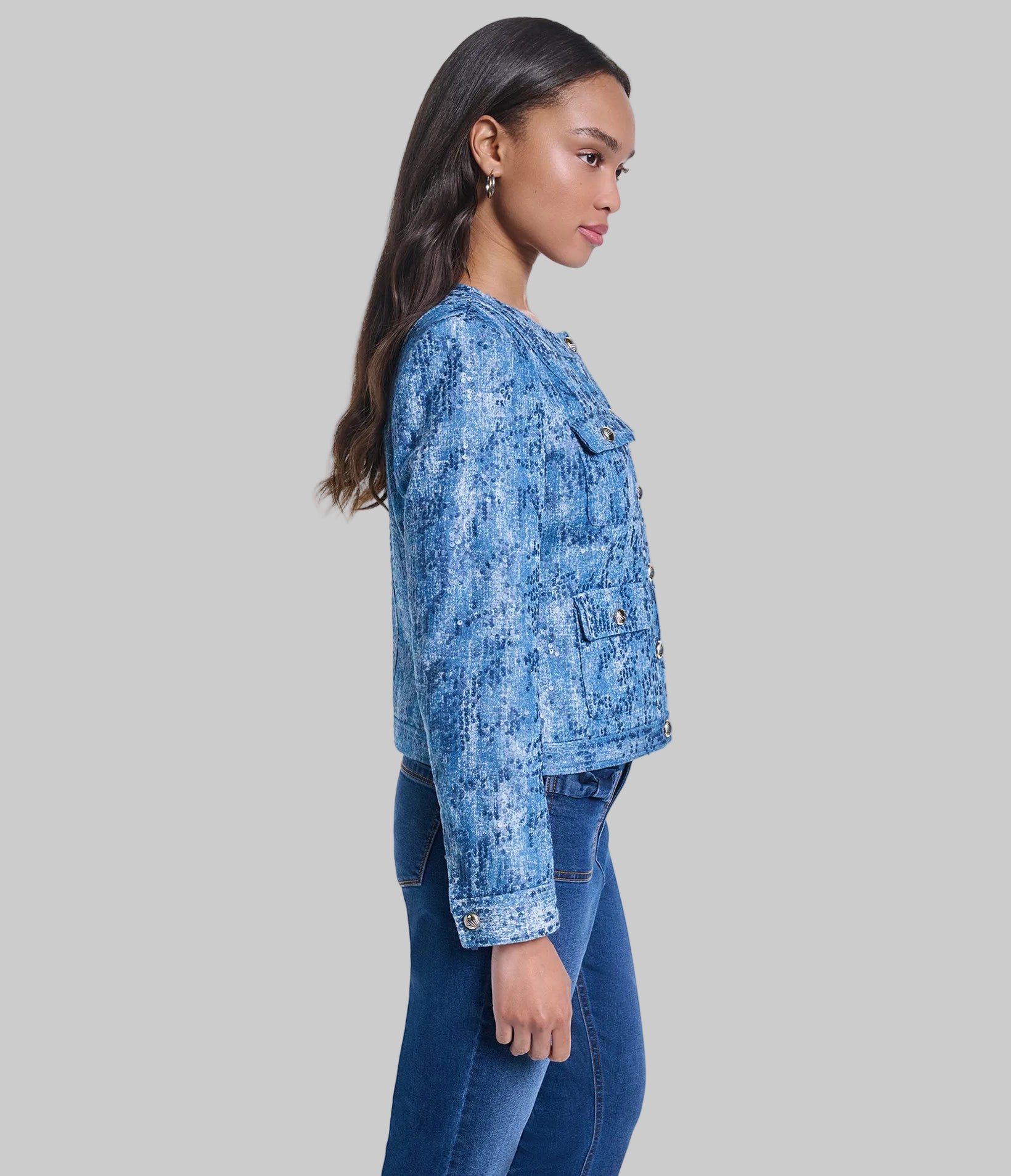 CO-ORD SEQUIN COLLARLESS DENIM JACKET VIEW 3 | New Women's Clothing CO-ORD SEQUIN COLLARLESS DENIM JACKET VIEW 3 | New Women's Clothing