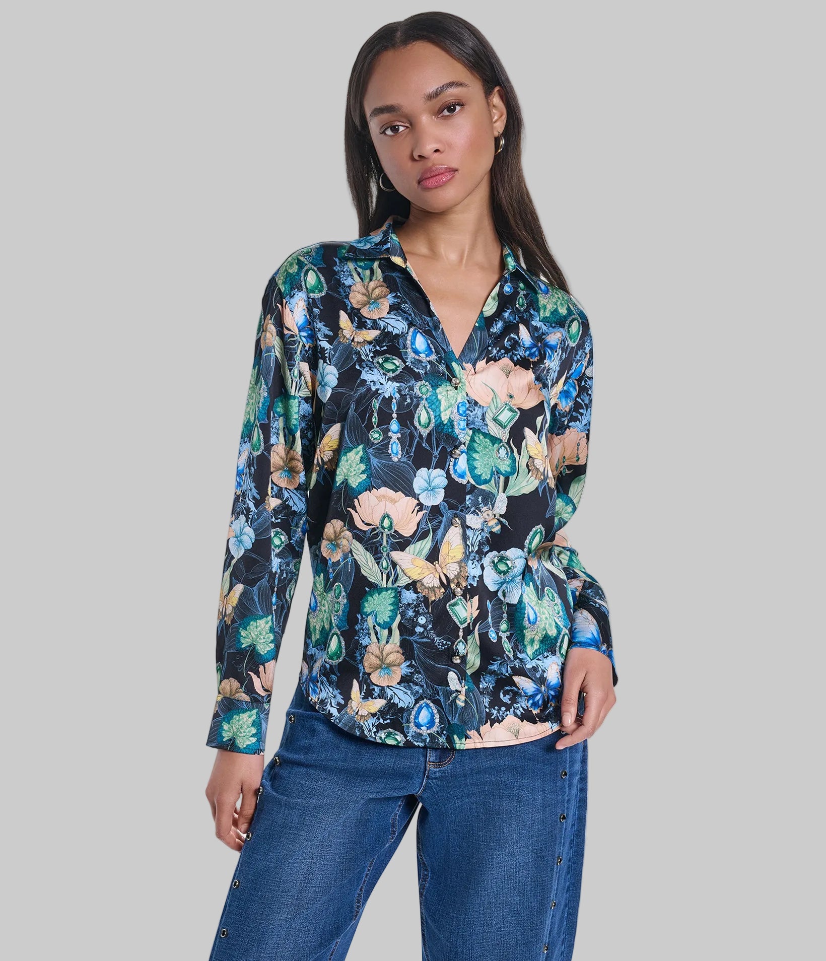 LONG SLEEVE FLORAL PRINTED SATIN VIEW 1 LONG SLEEVE FLORAL PRINTED SATIN VIEW 1
