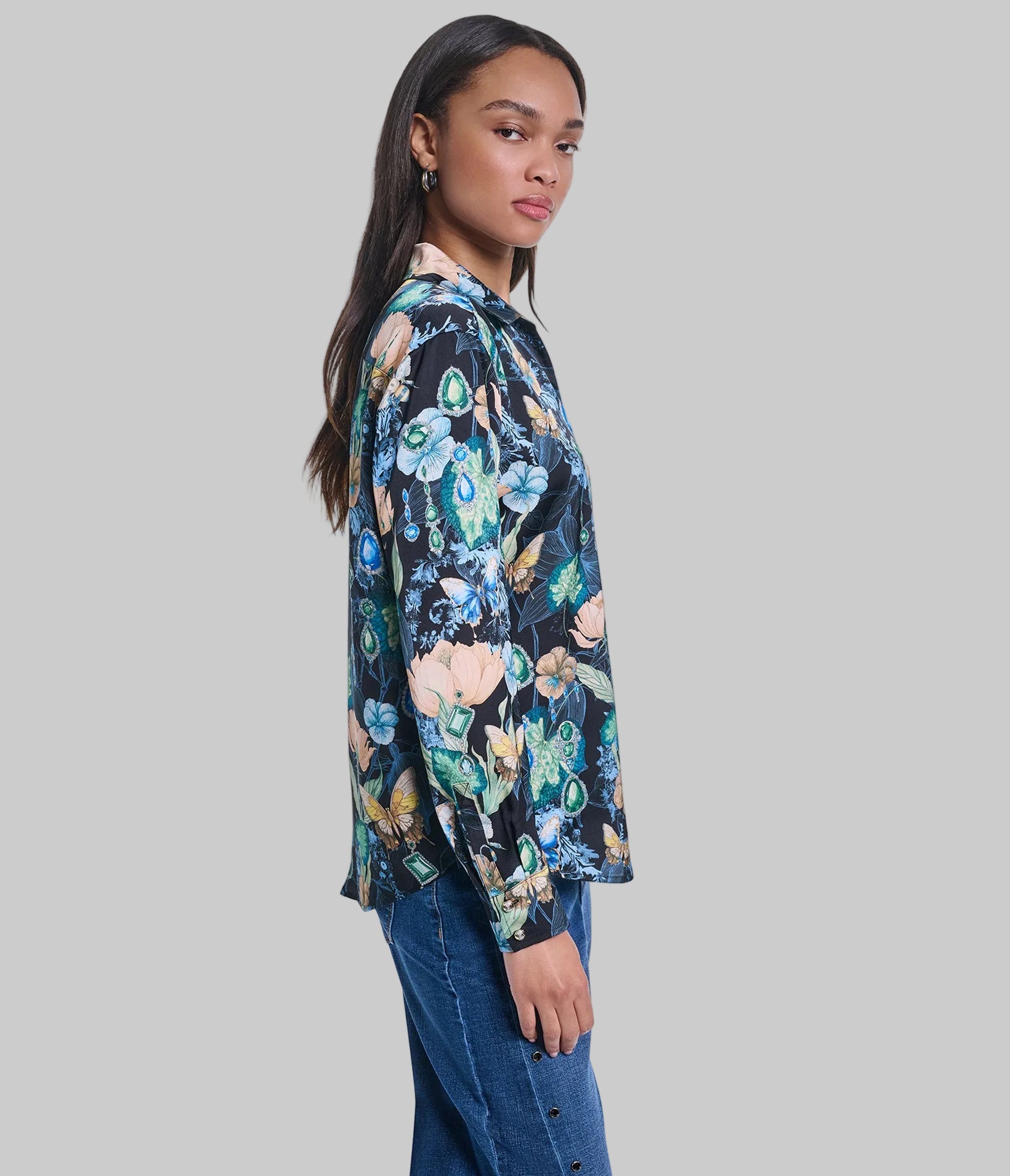 LONG SLEEVE FLORAL PRINTED SATIN VIEW 3 LONG SLEEVE FLORAL PRINTED SATIN VIEW 3
