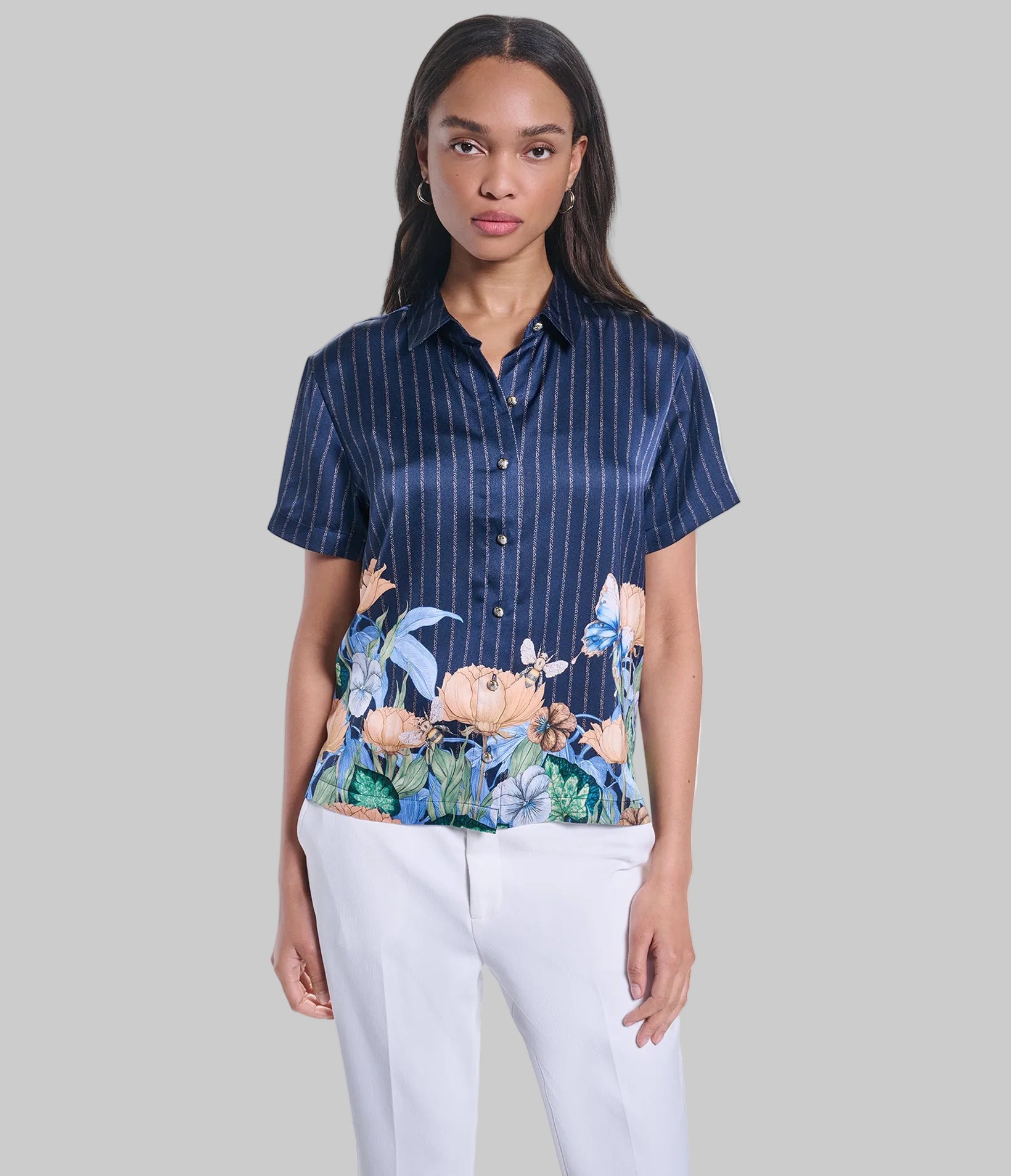 SHORT SLEEVE FLORAL PRINT SOFT BLOUSE VIEW 1 SHORT SLEEVE FLORAL PRINT SOFT BLOUSE VIEW 1