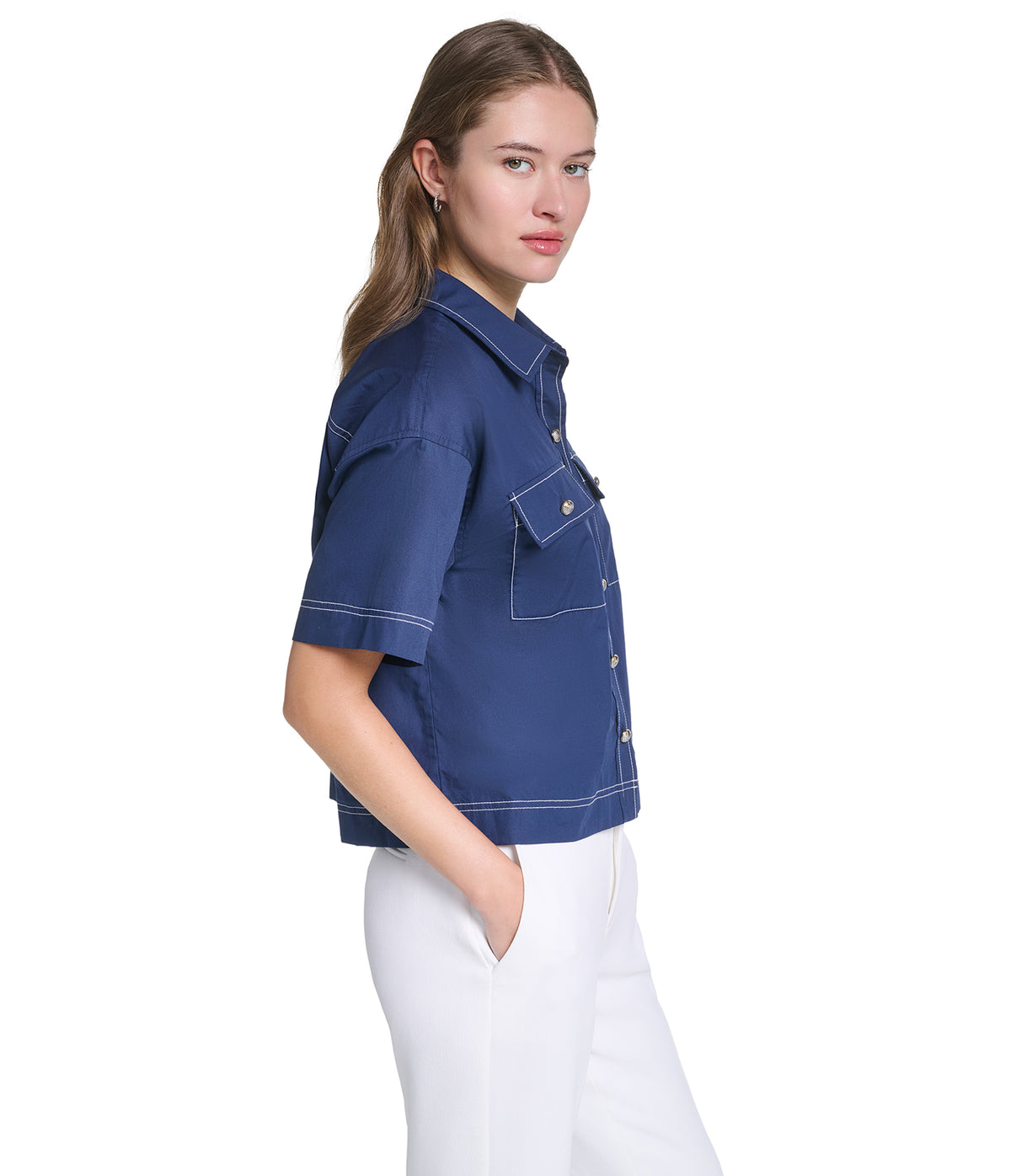 SHORT SLEEVE CROPPED POPLIN BUTTON DOWN VIEW 3 SHORT SLEEVE CROPPED POPLIN BUTTON DOWN VIEW 3