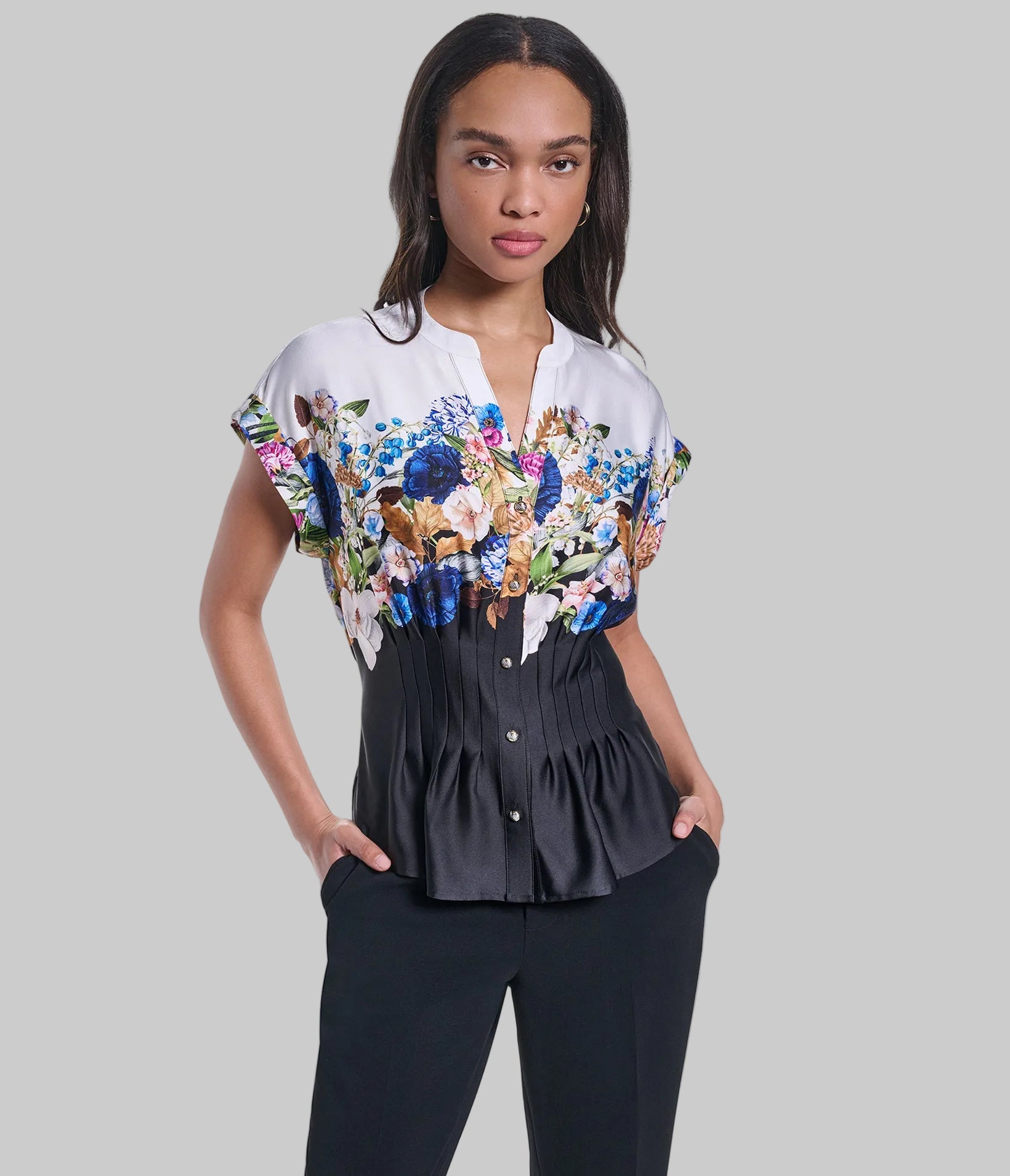 SHORT SLEEVE FLORAL GARDEN PRINT BLOUSE VIEW 1 SHORT SLEEVE FLORAL GARDEN PRINT BLOUSE VIEW 1
