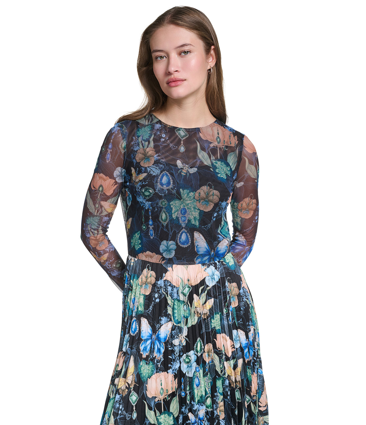 LONG SLEEVE FLORAL PRINT MESH DETAIL MAXI DRESS VIEW 4 LONG SLEEVE FLORAL PRINT MESH DETAIL MAXI DRESS VIEW 4