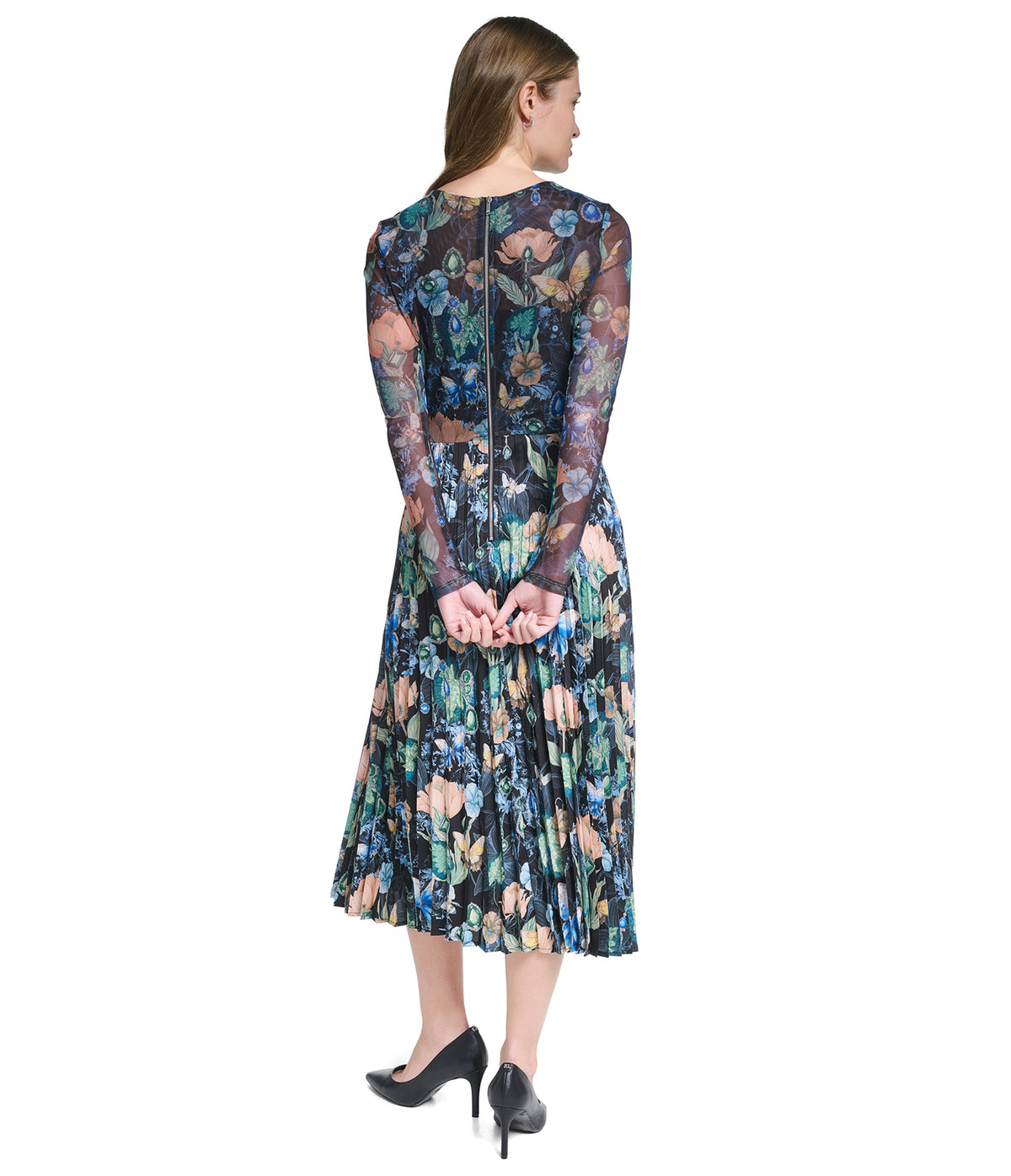 LONG SLEEVE FLORAL PRINT MESH DETAIL MAXI DRESS VIEW 2 LONG SLEEVE FLORAL PRINT MESH DETAIL MAXI DRESS VIEW 2