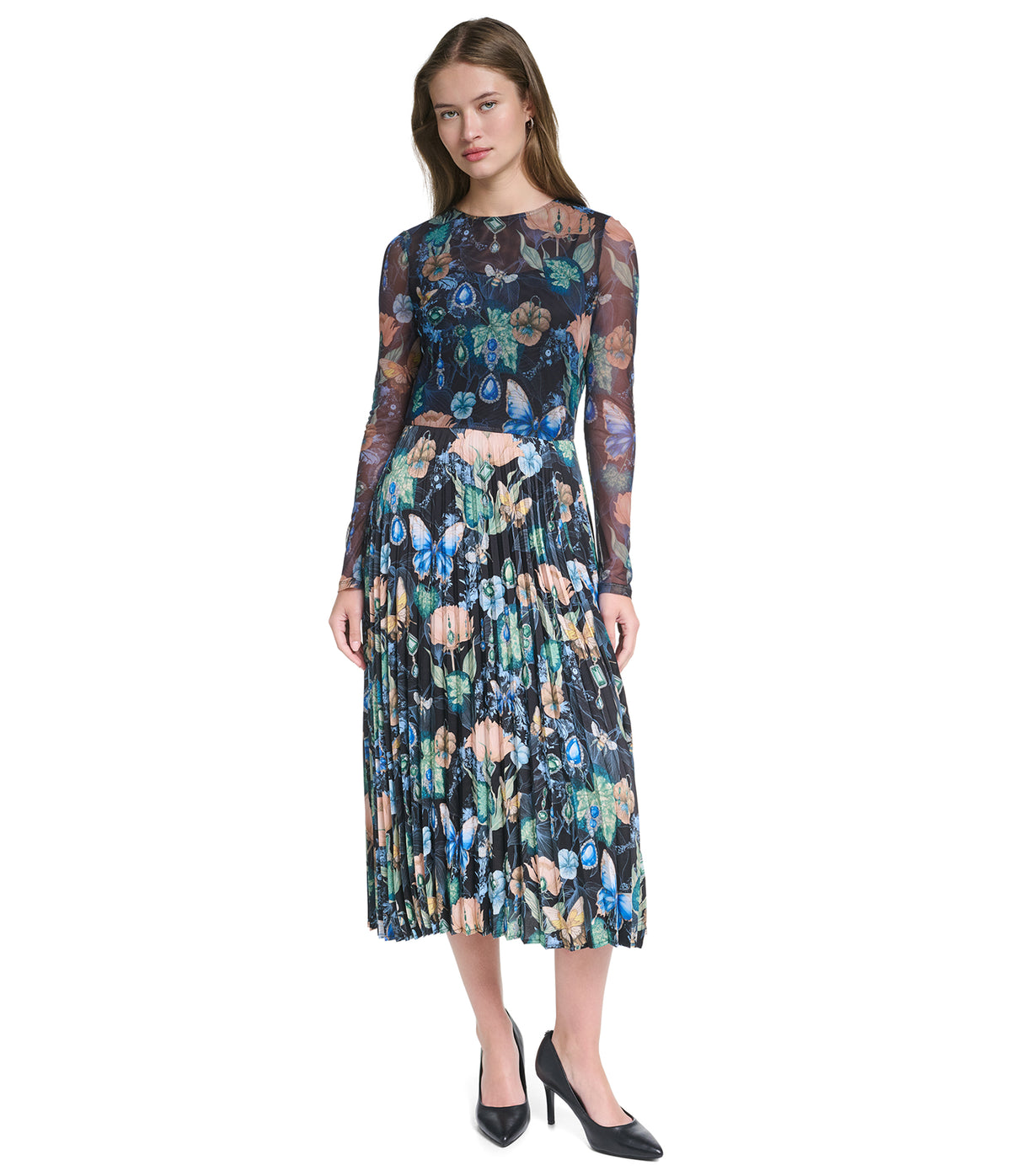 LONG SLEEVE FLORAL PRINT MESH DETAIL MAXI DRESS VIEW 1 LONG SLEEVE FLORAL PRINT MESH DETAIL MAXI DRESS VIEW 1