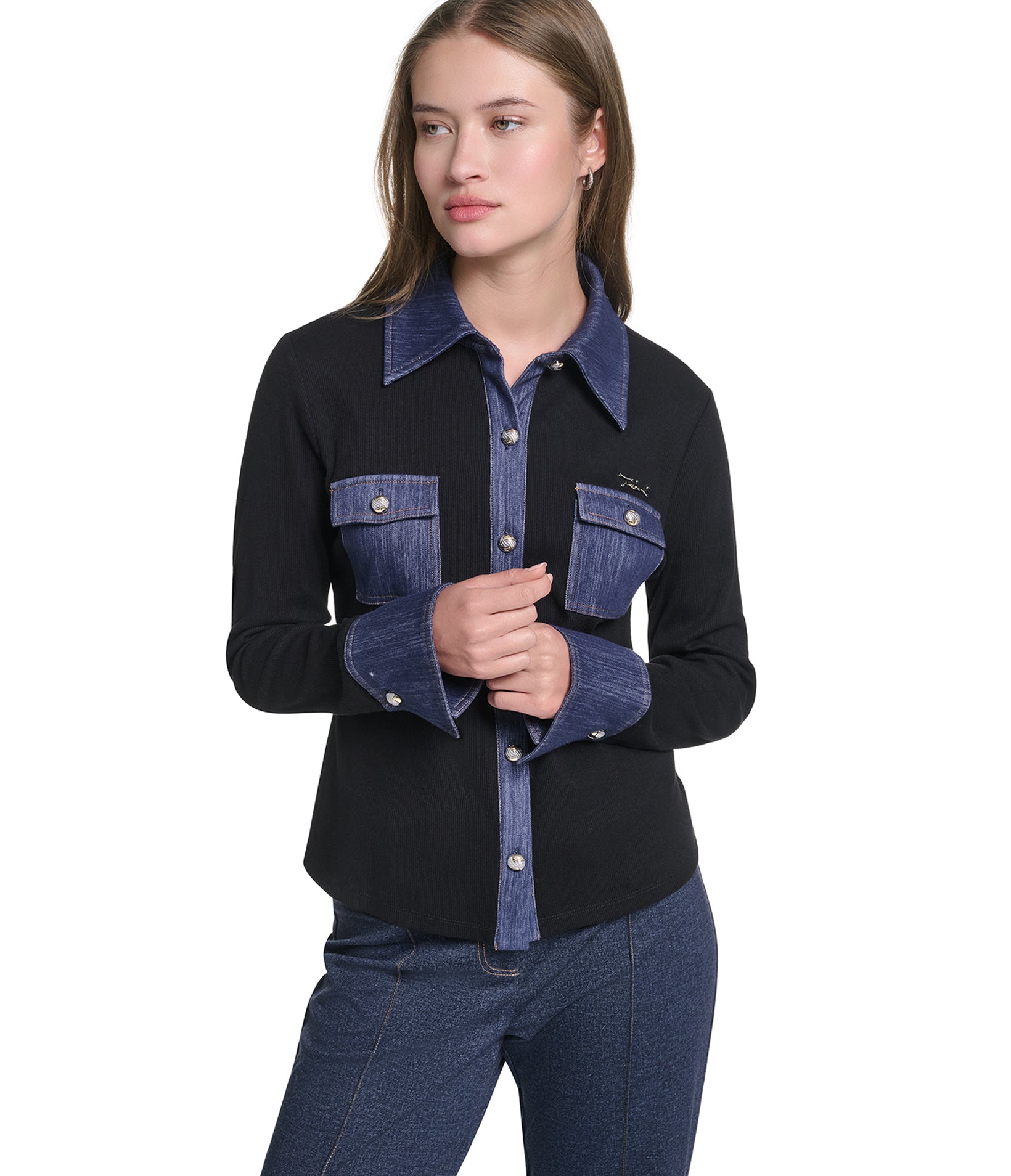 LONG SLEEVE DENIM TRIM COLLAR BUTTON DOWN VIEW 1 LONG SLEEVE DENIM TRIM COLLAR BUTTON DOWN VIEW 1